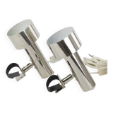 Nickel-plated chrome clip-on spot lamps for string shelf, headboard.