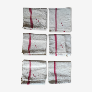 Lot 6 old métis napkins gray lintels red linen / cotton monogrammed OB linen houses