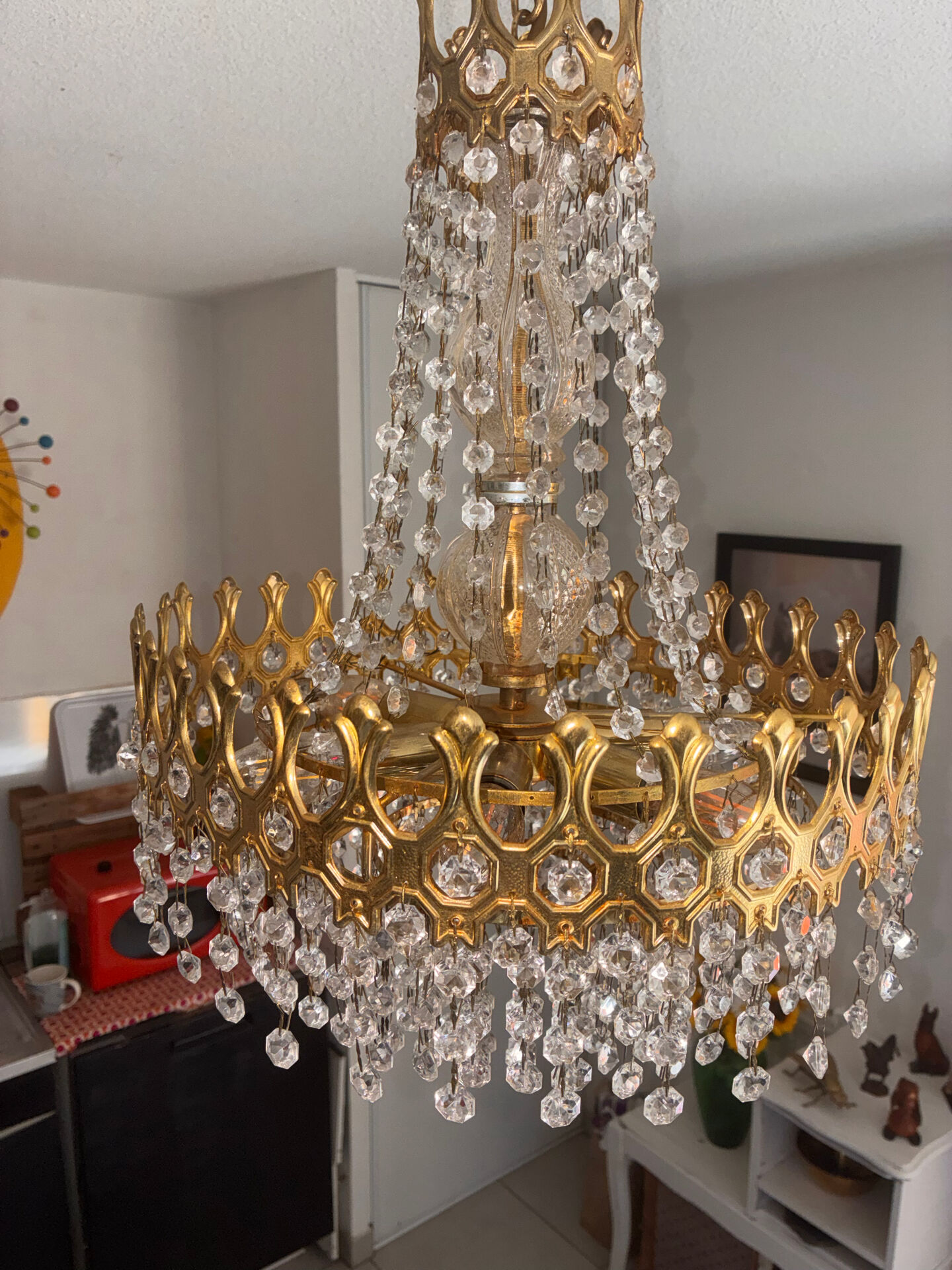 Vintage style Palwa basket chandelier – Gold-plated steel, crystal and heart in