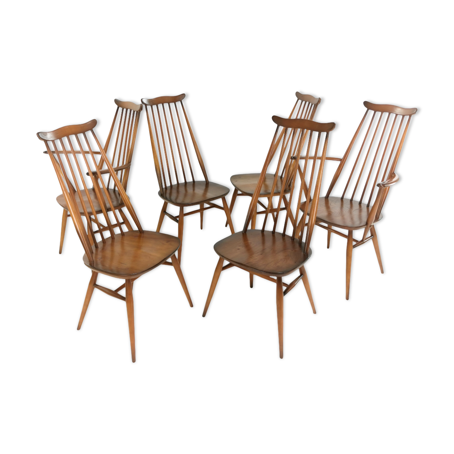 Set of 6 vintage Ercol elm & beech Goldsmith dining chairs mid century