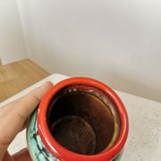 Vintage KIL Yugoslavia Pottery Vase: Brown, Turquoise & Red Rim, 1970s