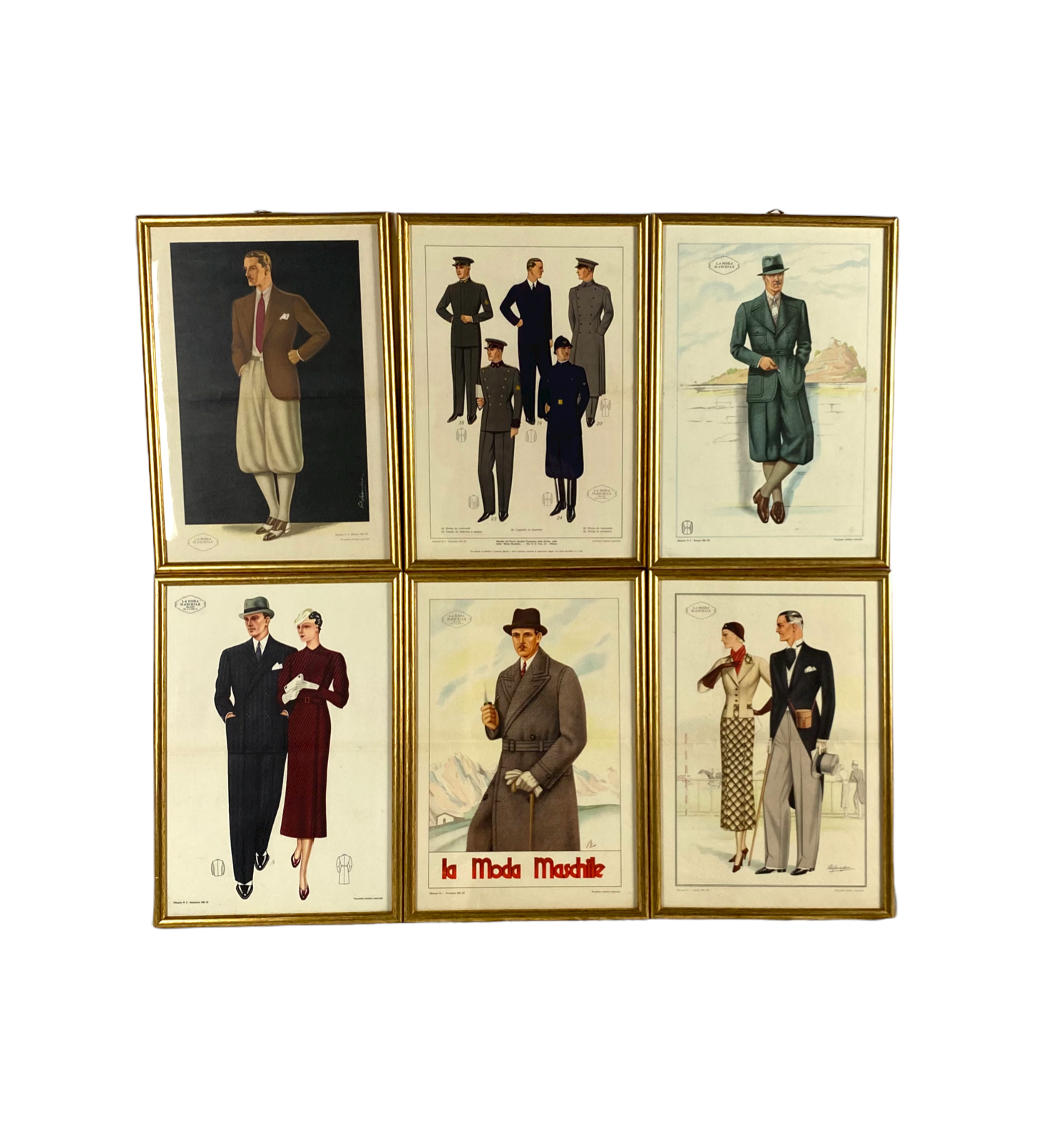 'La Moda Maschile', Set of 6 framed original illustrations of men's fashion from the 30s, Italy 1930