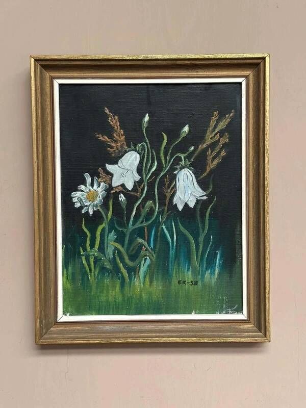 Swedish oil on panel “White Lilies and Flowers” by EK, vintage & framed 28×35cm