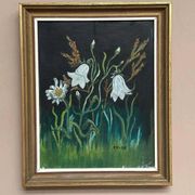 Swedish oil on panel “White Lilies and Flowers” by EK, vintage & framed 28×35cm