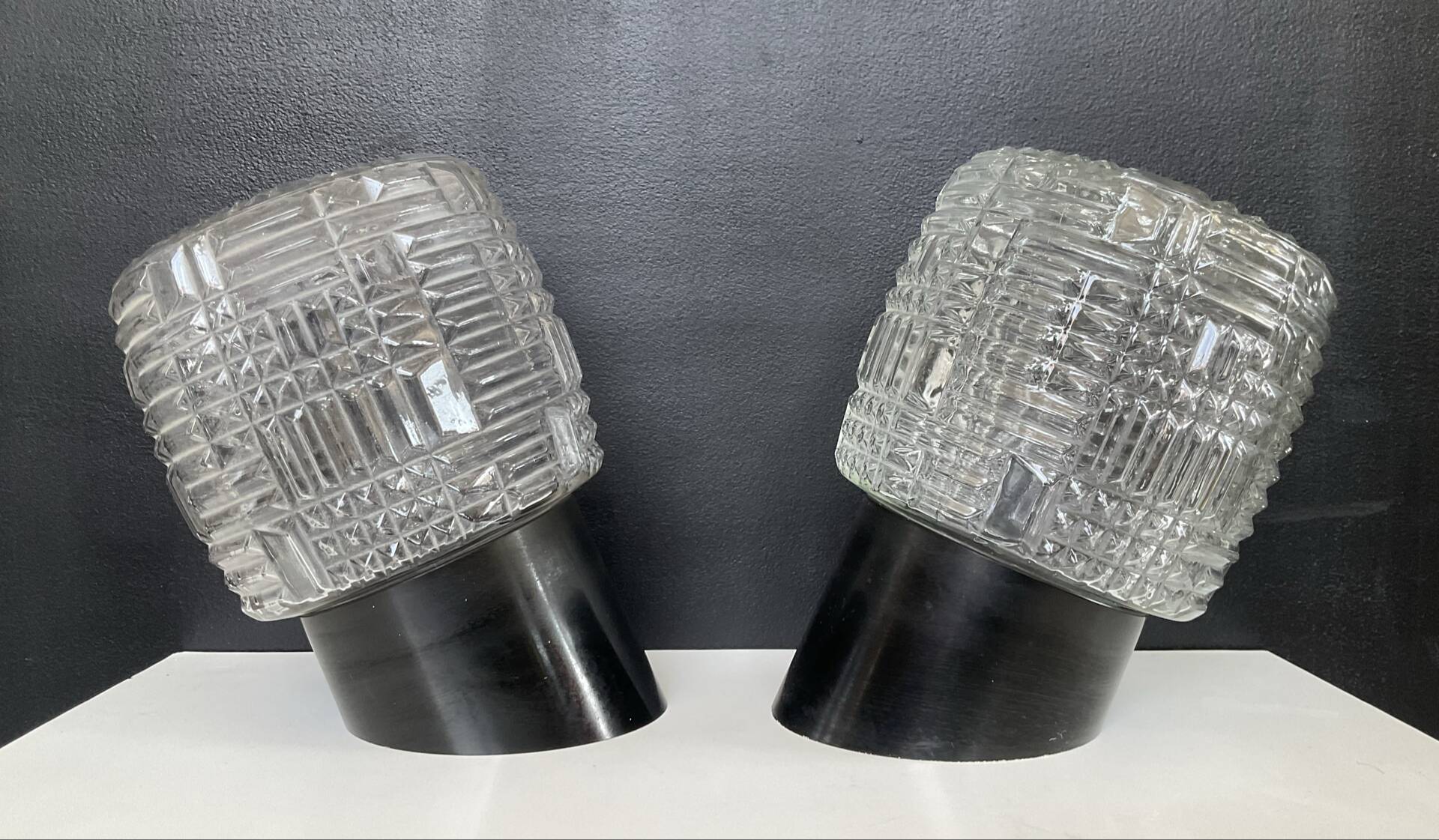 Pair of vintage moulded glass wall lights from the 70s.