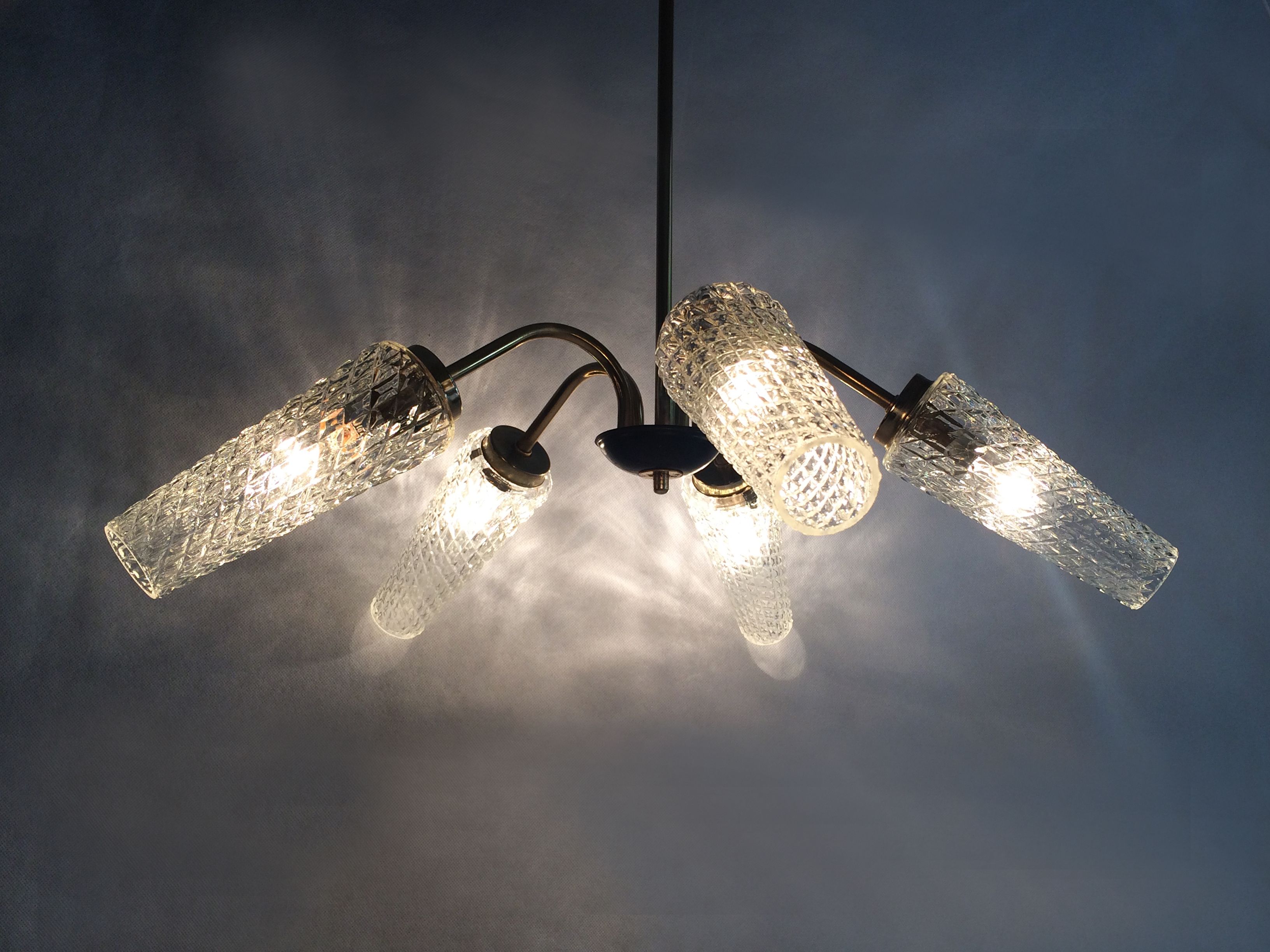 Old 5-branch chandelier, brass and glass tulips, vintage light fixture
