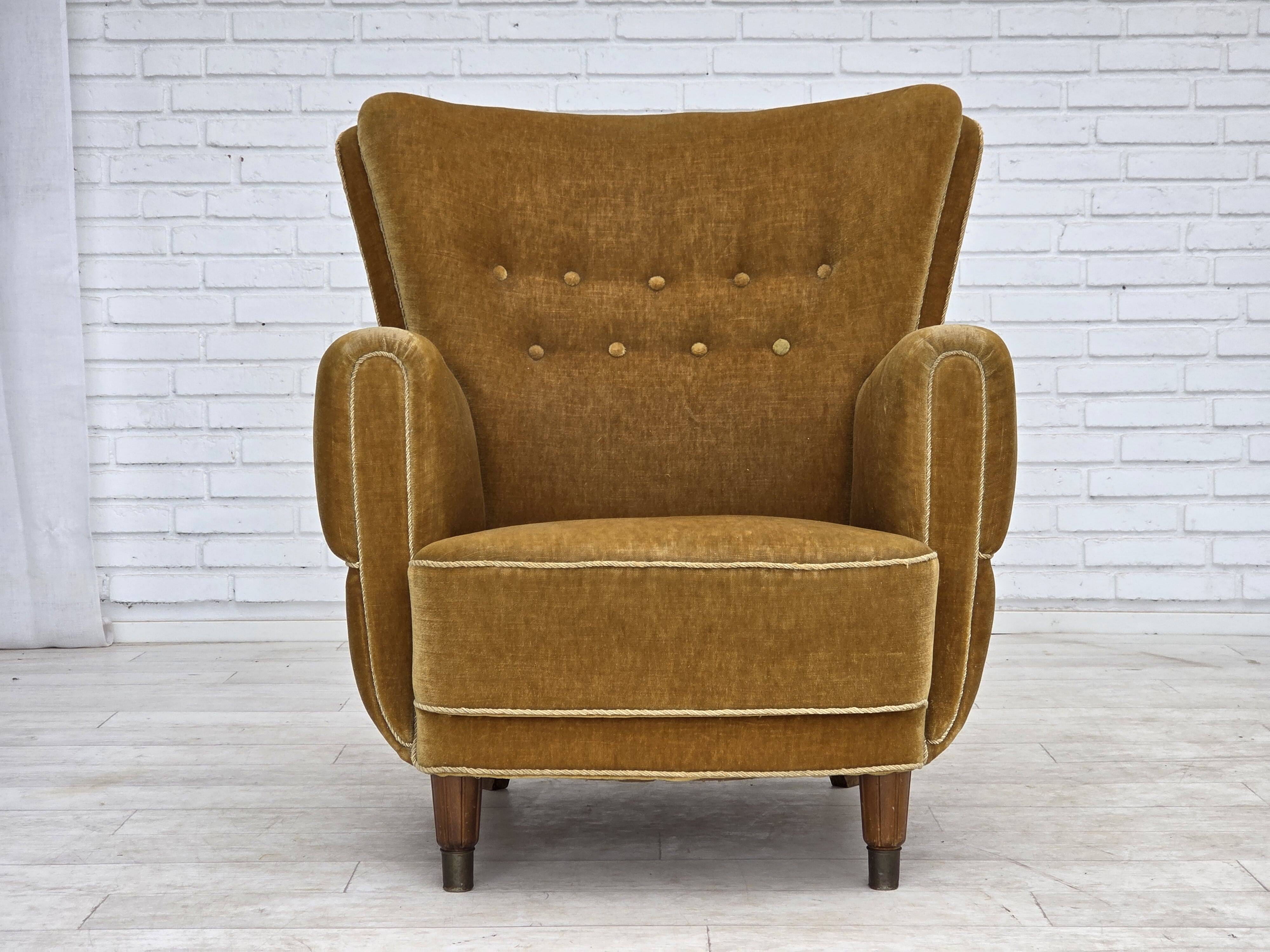 1960s, Danish relax chair, original honey yellow furniture velour.