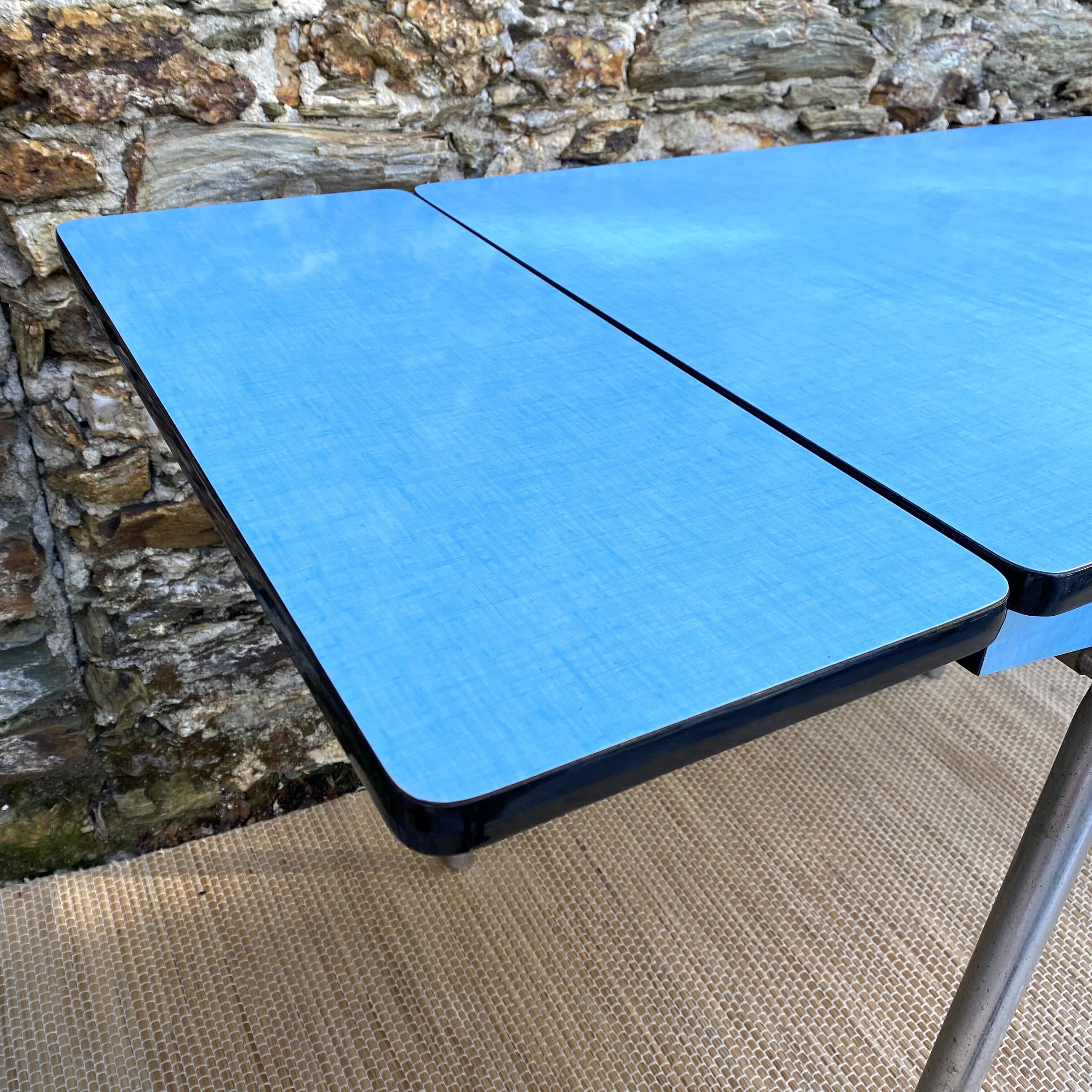 Extendable blue formica table and 2 chairs, 1960s