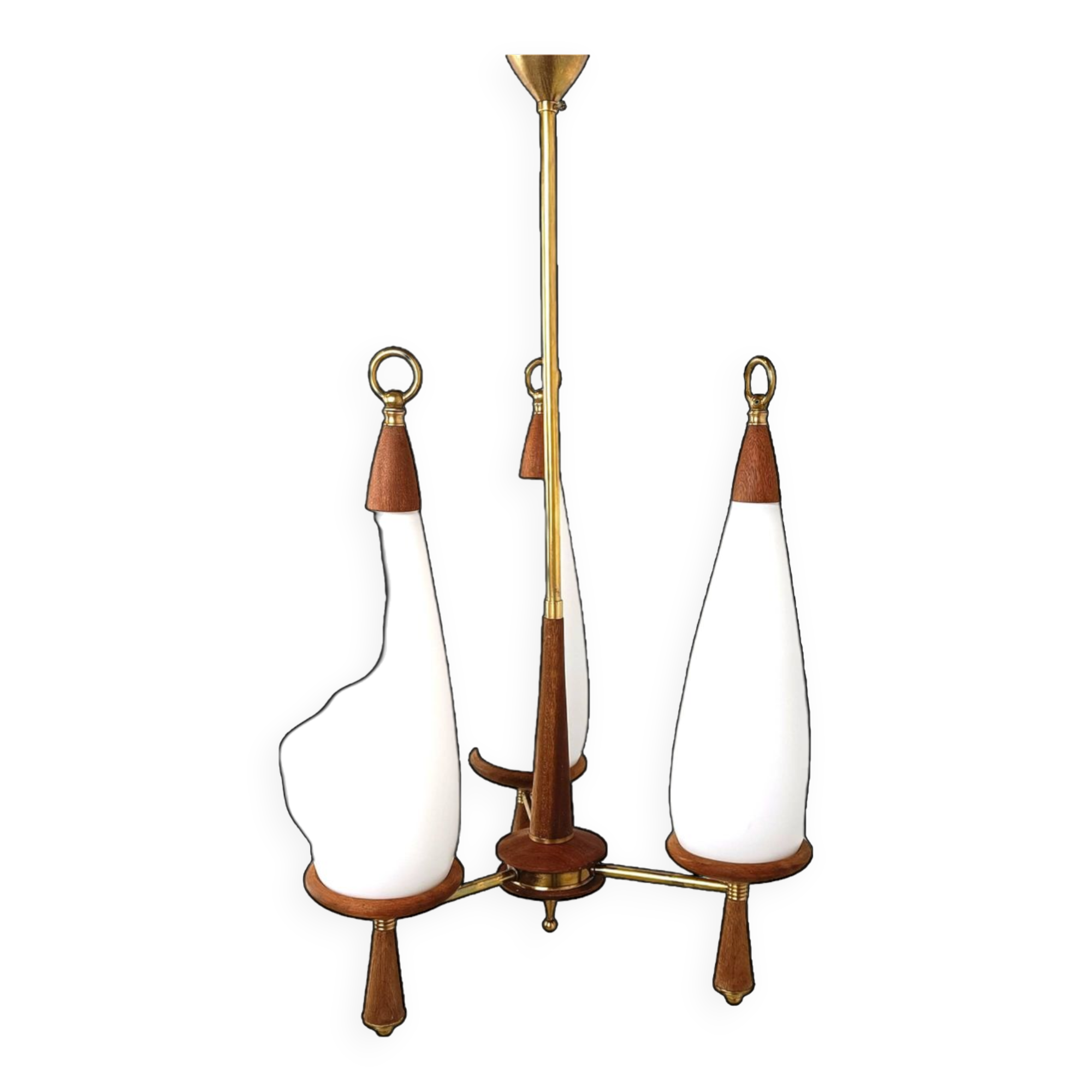 Vintage teak chandelier with white glass shades, 1960s