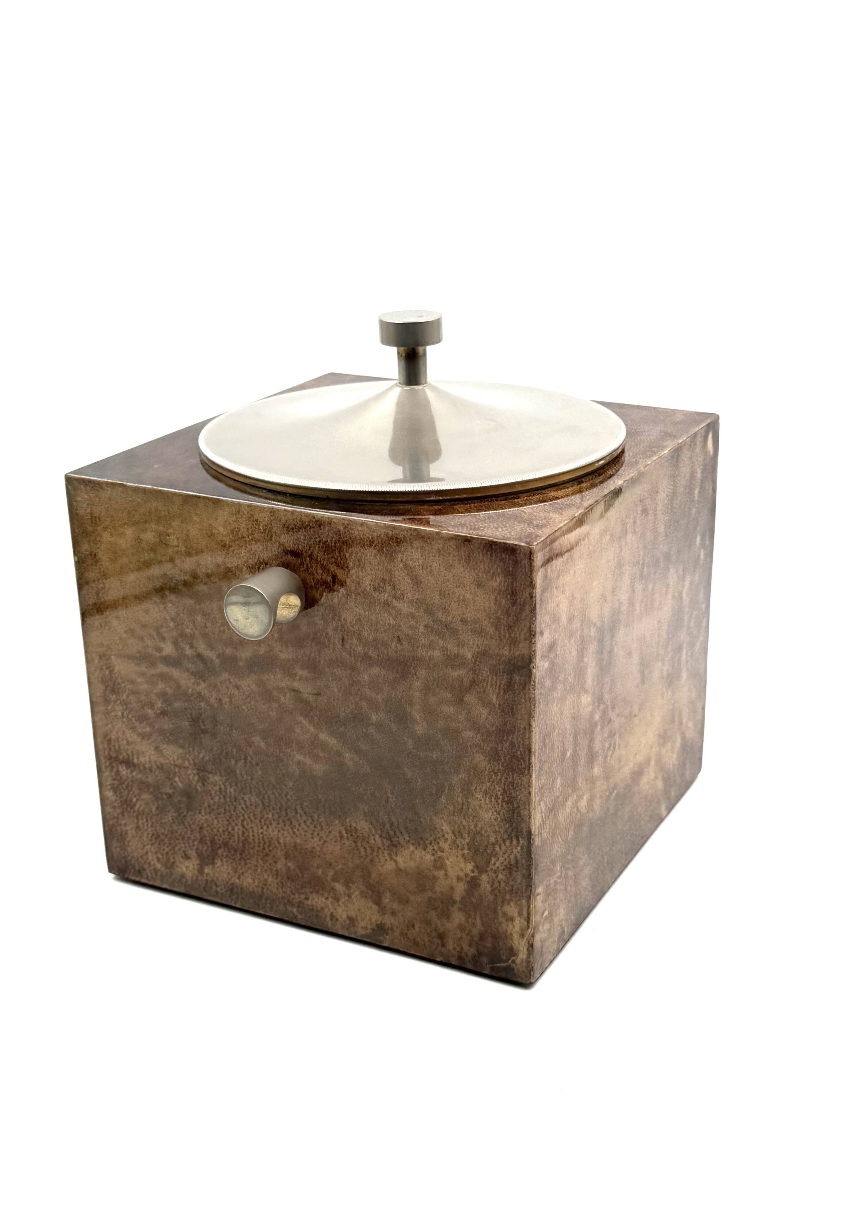 Mid-century brown parchment ice bucket, Aldo Tura Italy 1950s