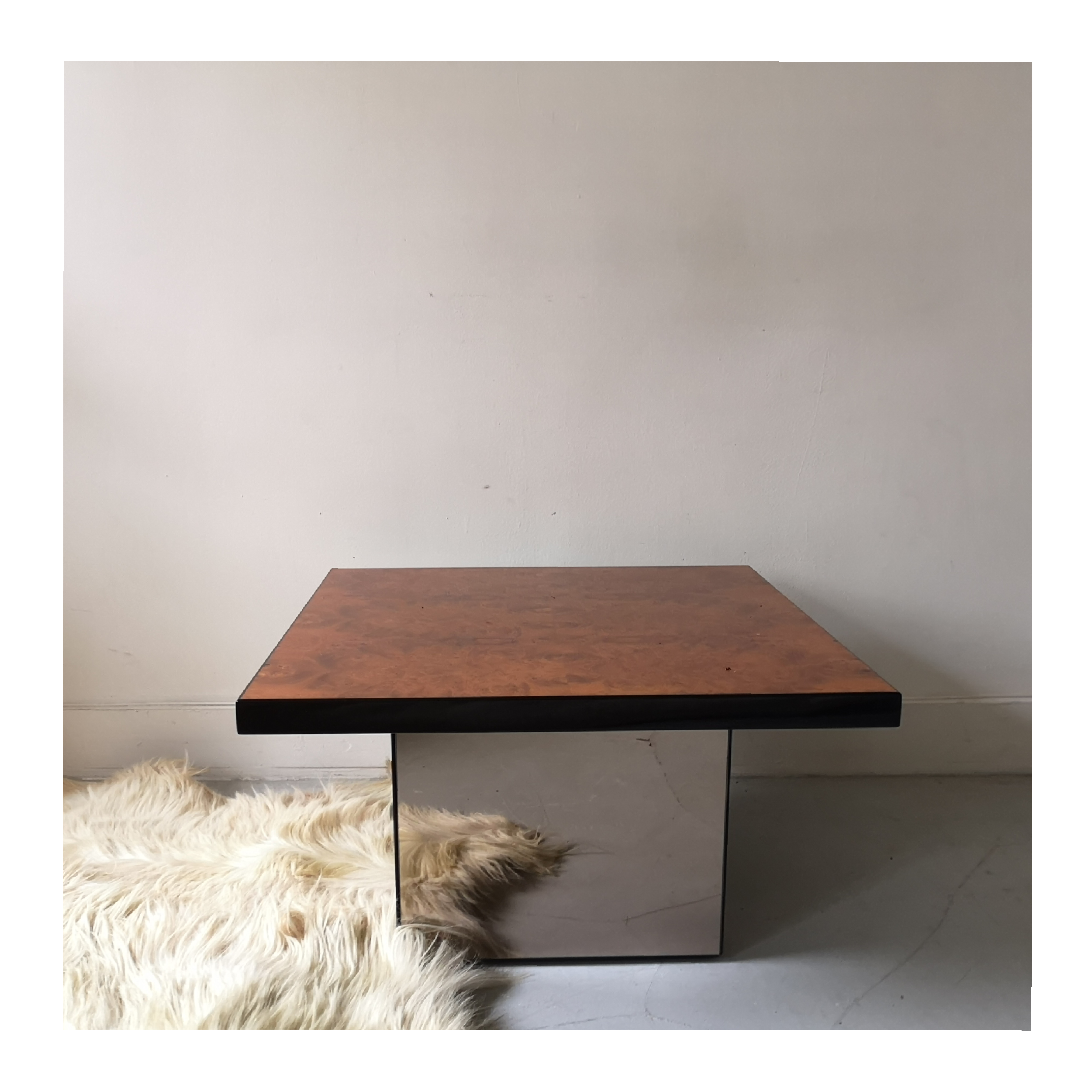 Coffee table in elm magnifying glass and smoked glass, signed Paul Michel, 1970