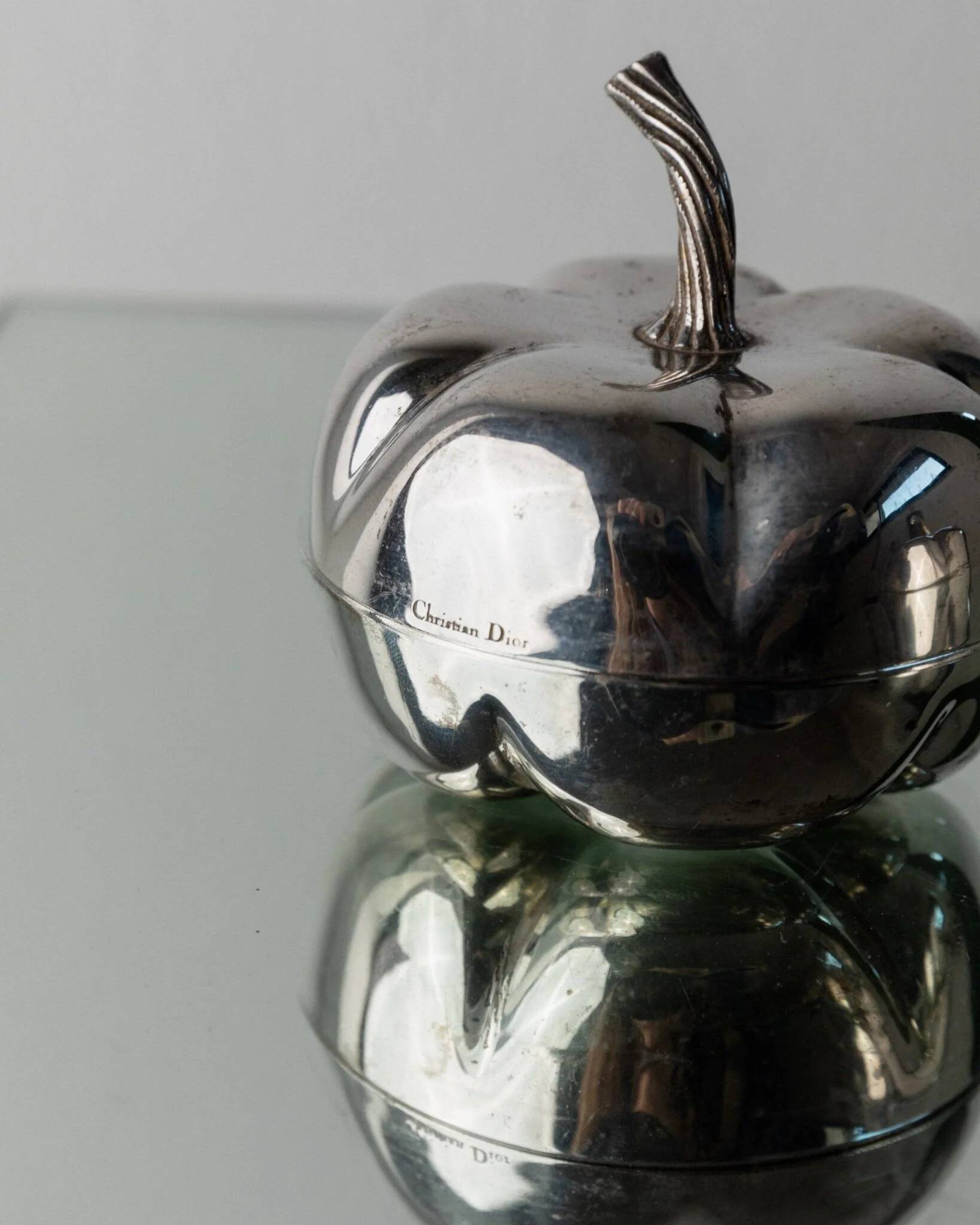 Silver-plated vintage Christian Dior Pumpkin set: two lidded metal bowls with removable integrated lighter, 1970s