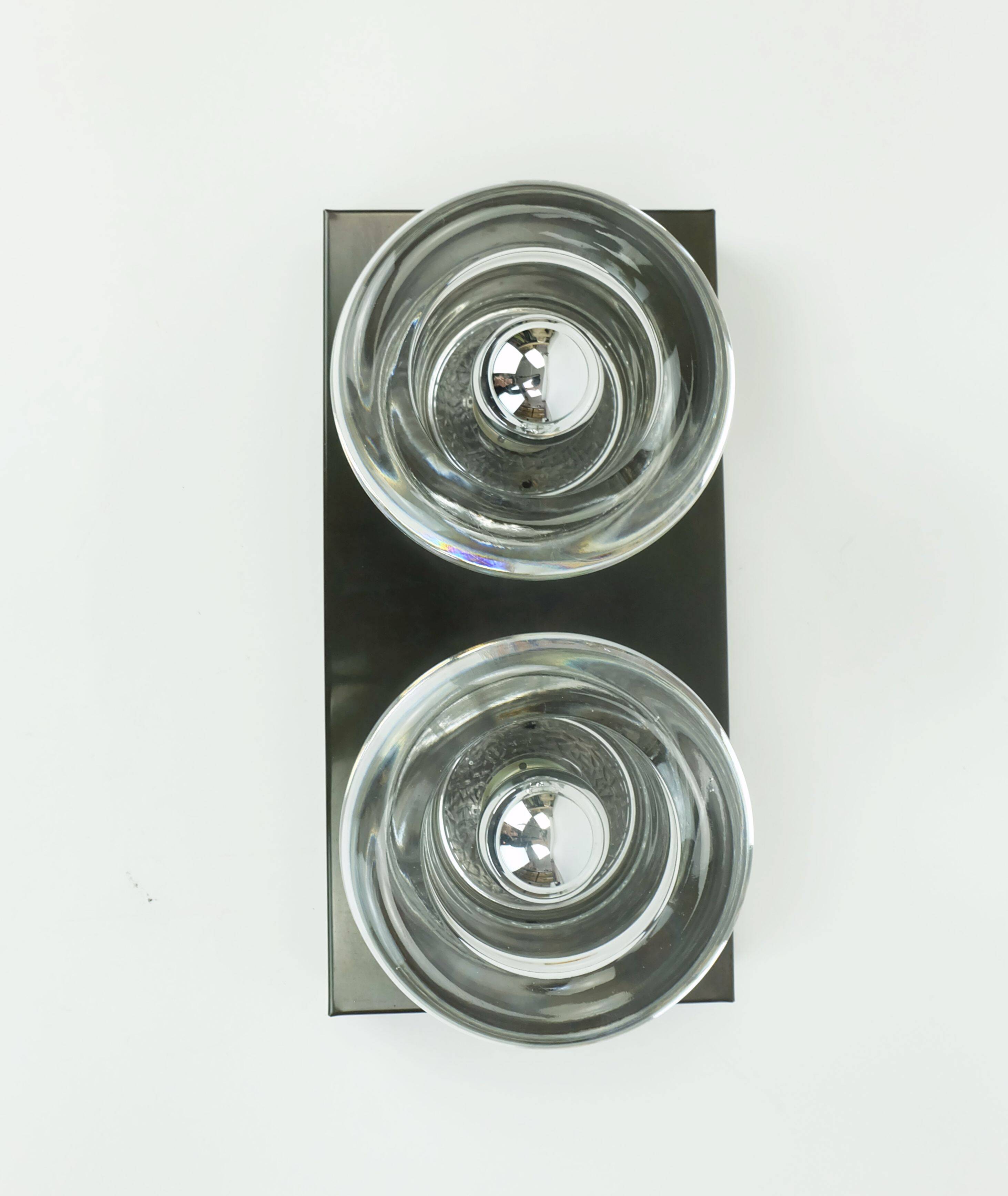 1960s 70s space age sconce by cosack-leuchten 2 thick glass shades and meta