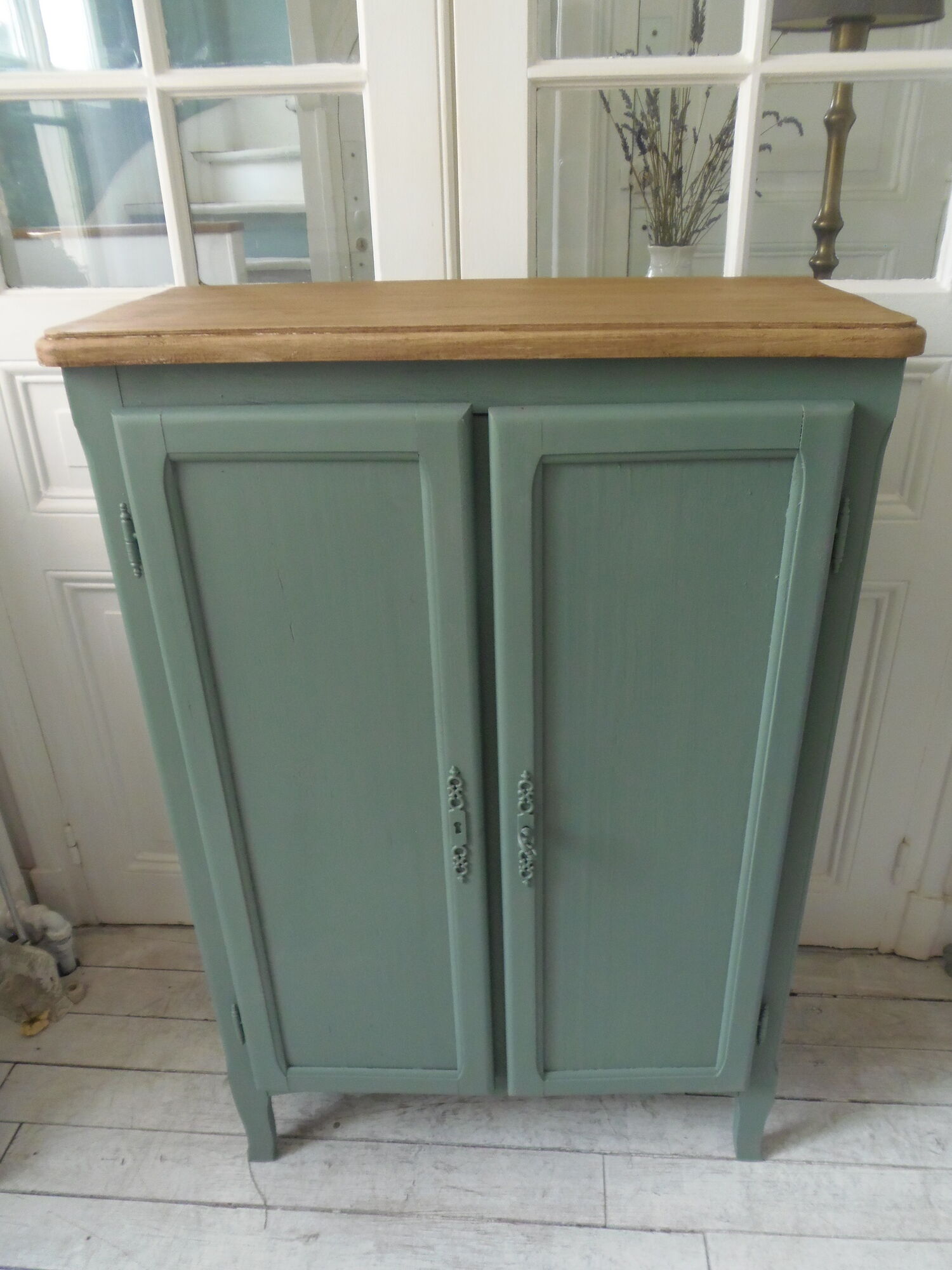 Vintage shoe cabinet smoked green wax finish, wooden top.