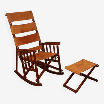 Rocking-chair vintage américain en cuir et bois pliant, 1970