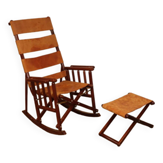 Vintage American folding leather and wood rocking chair, 1970s