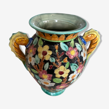 Vase with coves floral decoration signed Ceérat Monaco