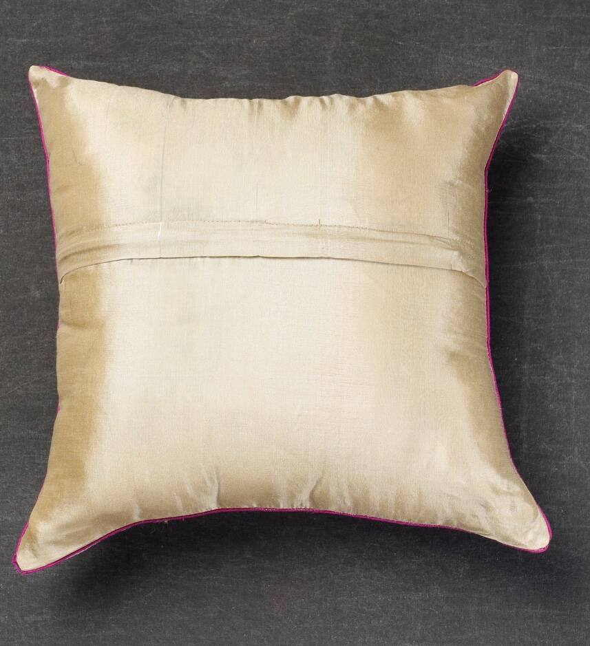 Indian cushion cover in hand-embroidered silk, beige and red