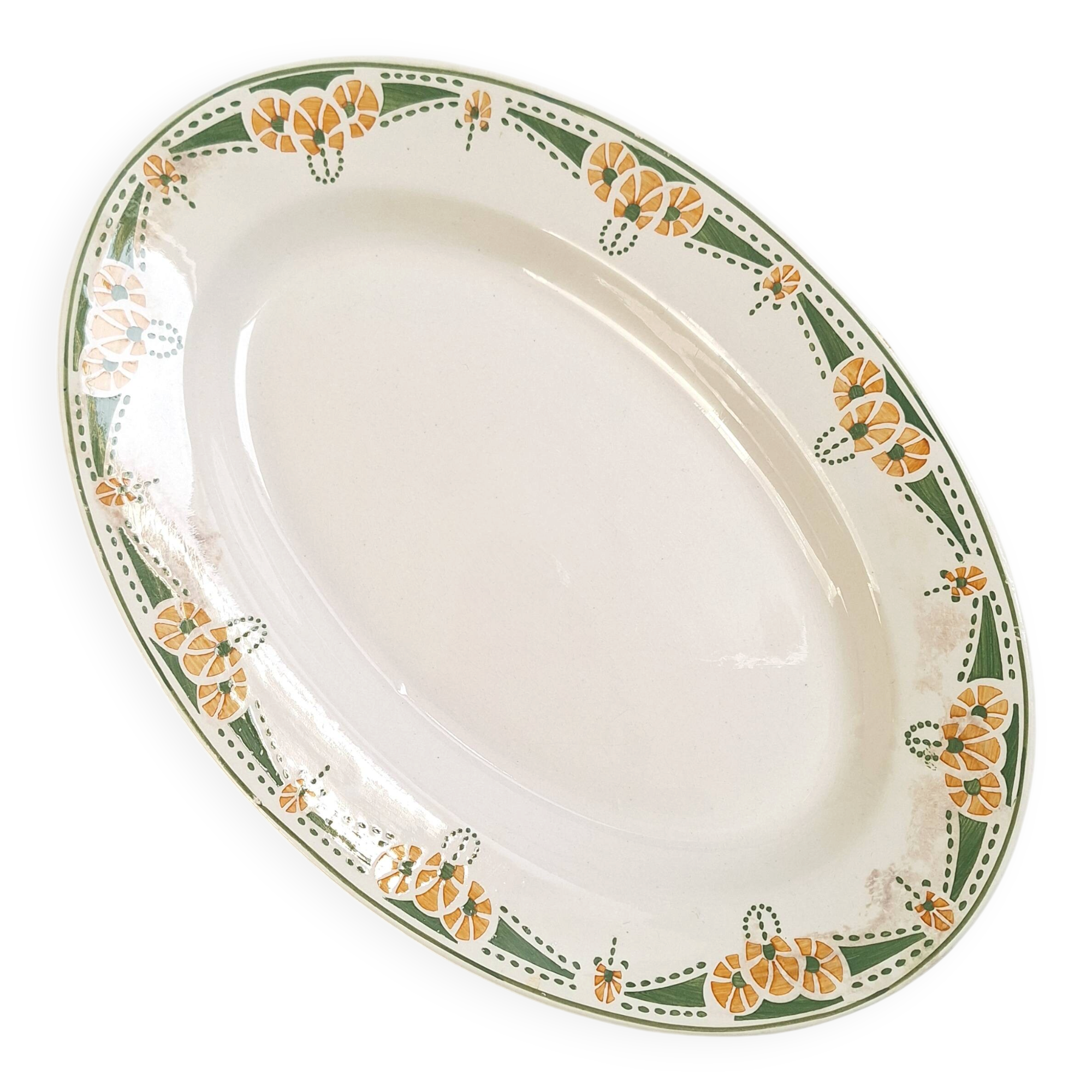 Plat ovale Longwy art déco vert et orange