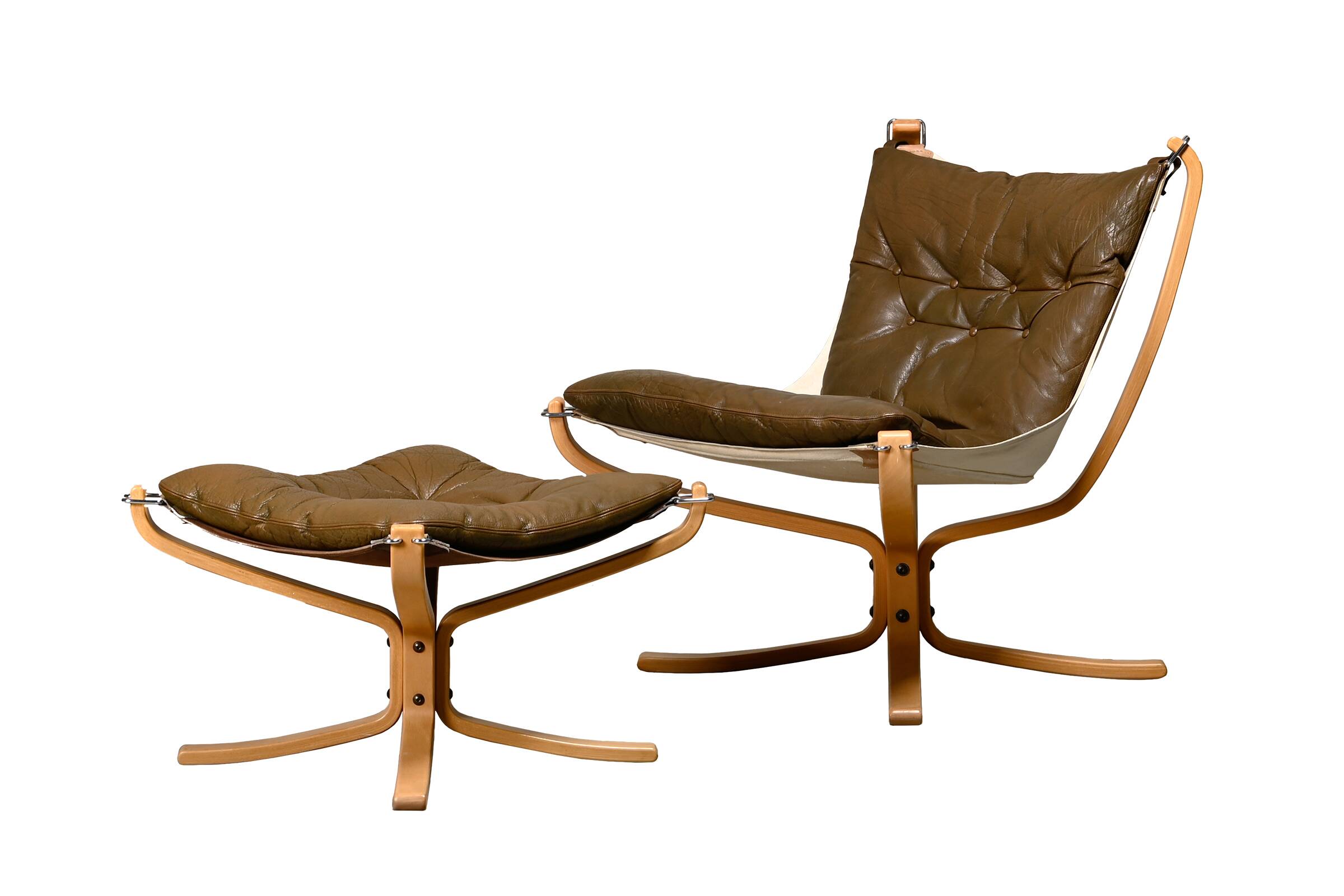 Sigurd Ressell Falcon Chair with Ottoman in brown leather for Vatne Møbler,