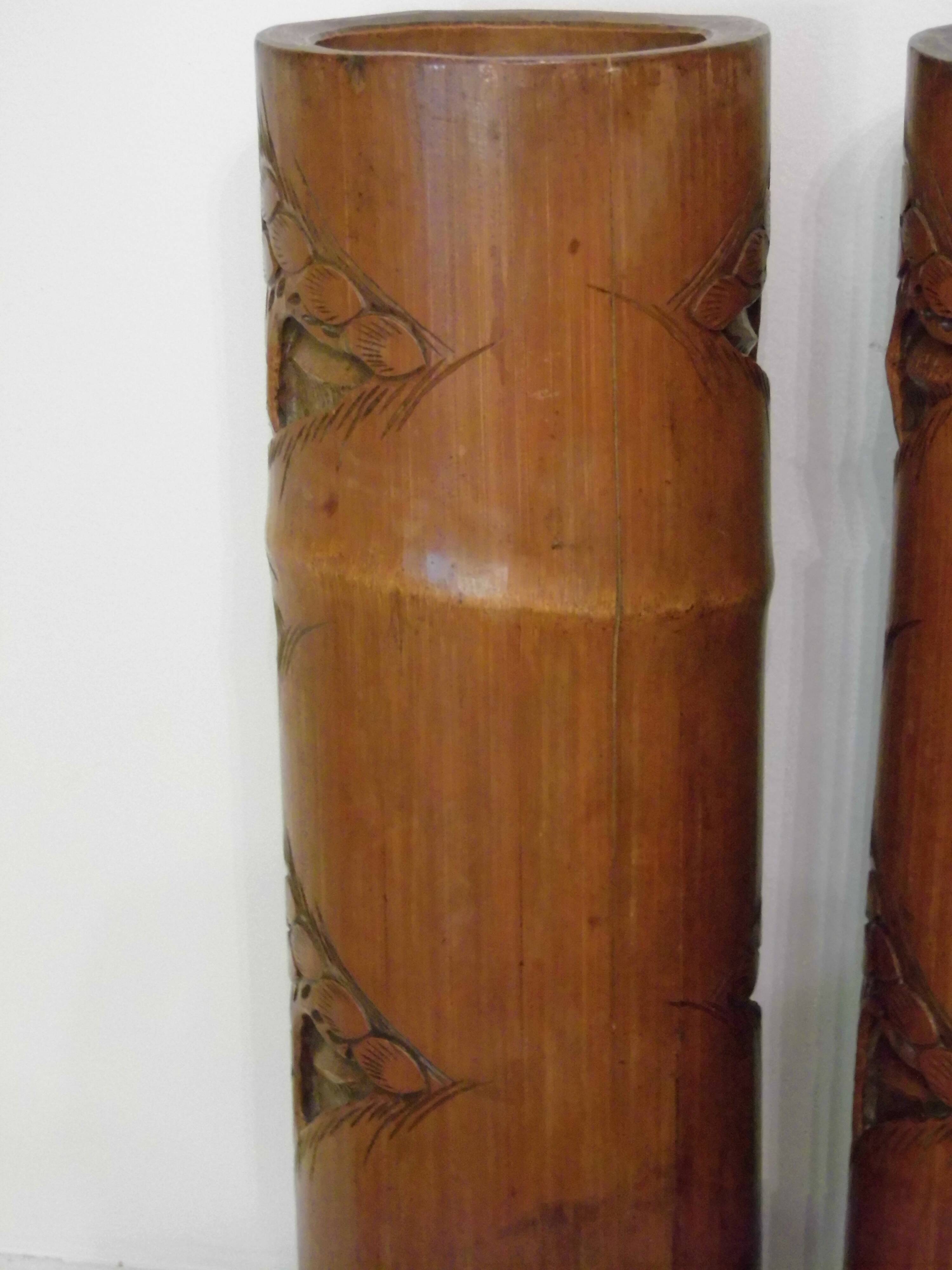 Two carved bamboo pots, pair of brush pots China late 19th early 20th century