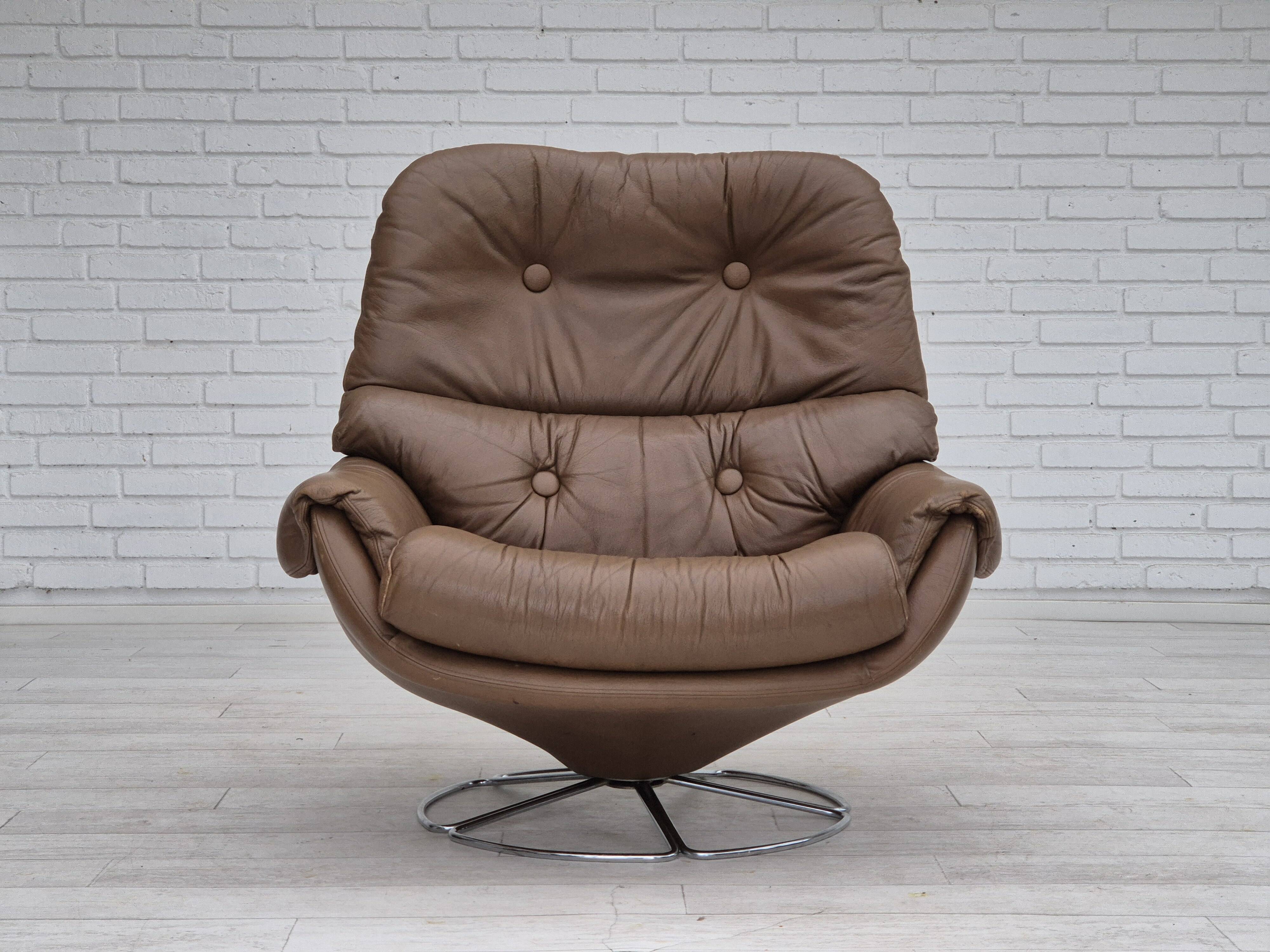 1970s, Scandinavian swivel chair, original condition, brown furniture leather.
