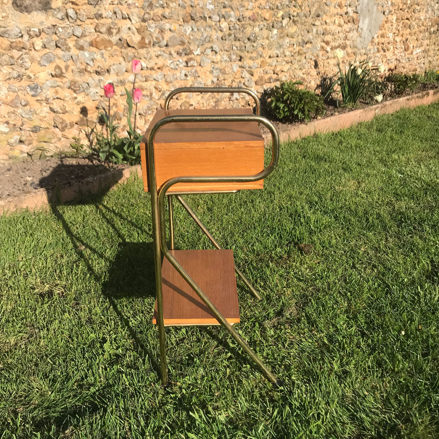 Vintage bedside table 1960 oak and brass