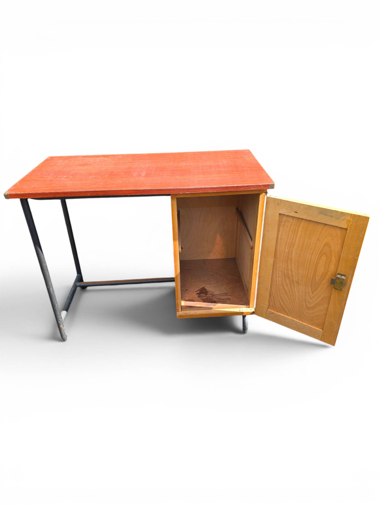 Vintage 1950s desk in red Formica, wood and metal.