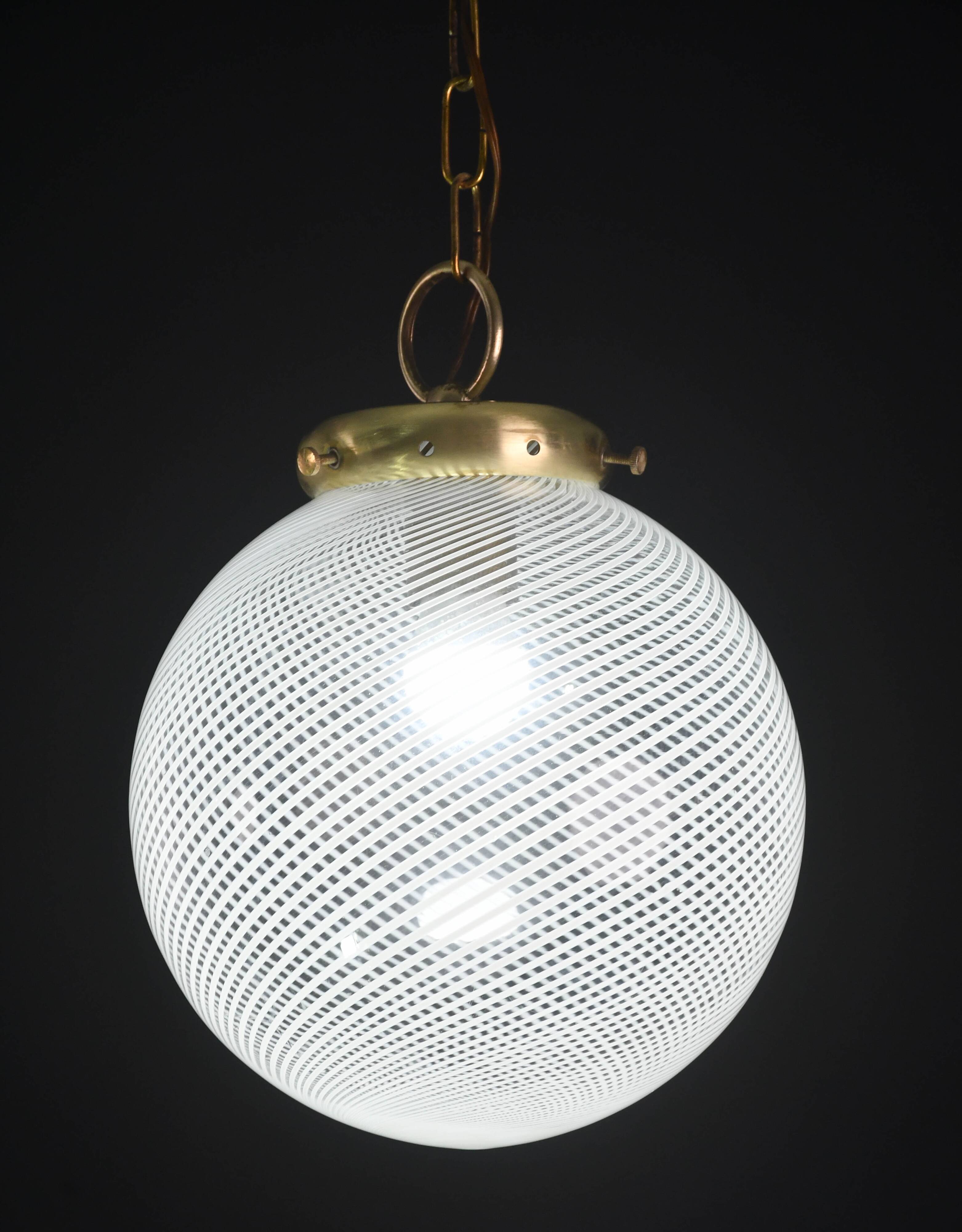 Italian Mid-Century Pendant Light with Optic Spiral Glass Globe and Restore Bras