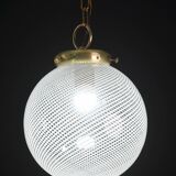 Italian Mid-Century Pendant Light with Optic Spiral Glass Globe and Restore Bras