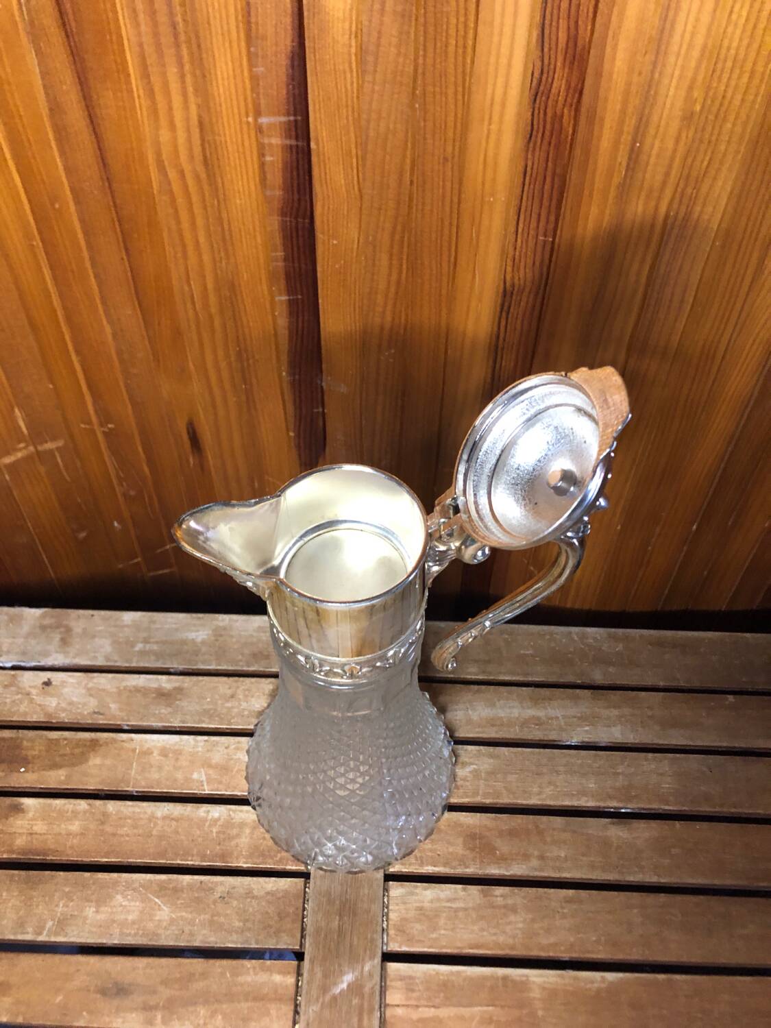 Old Carafe Body Glass Mold + Silver Metal Vintage