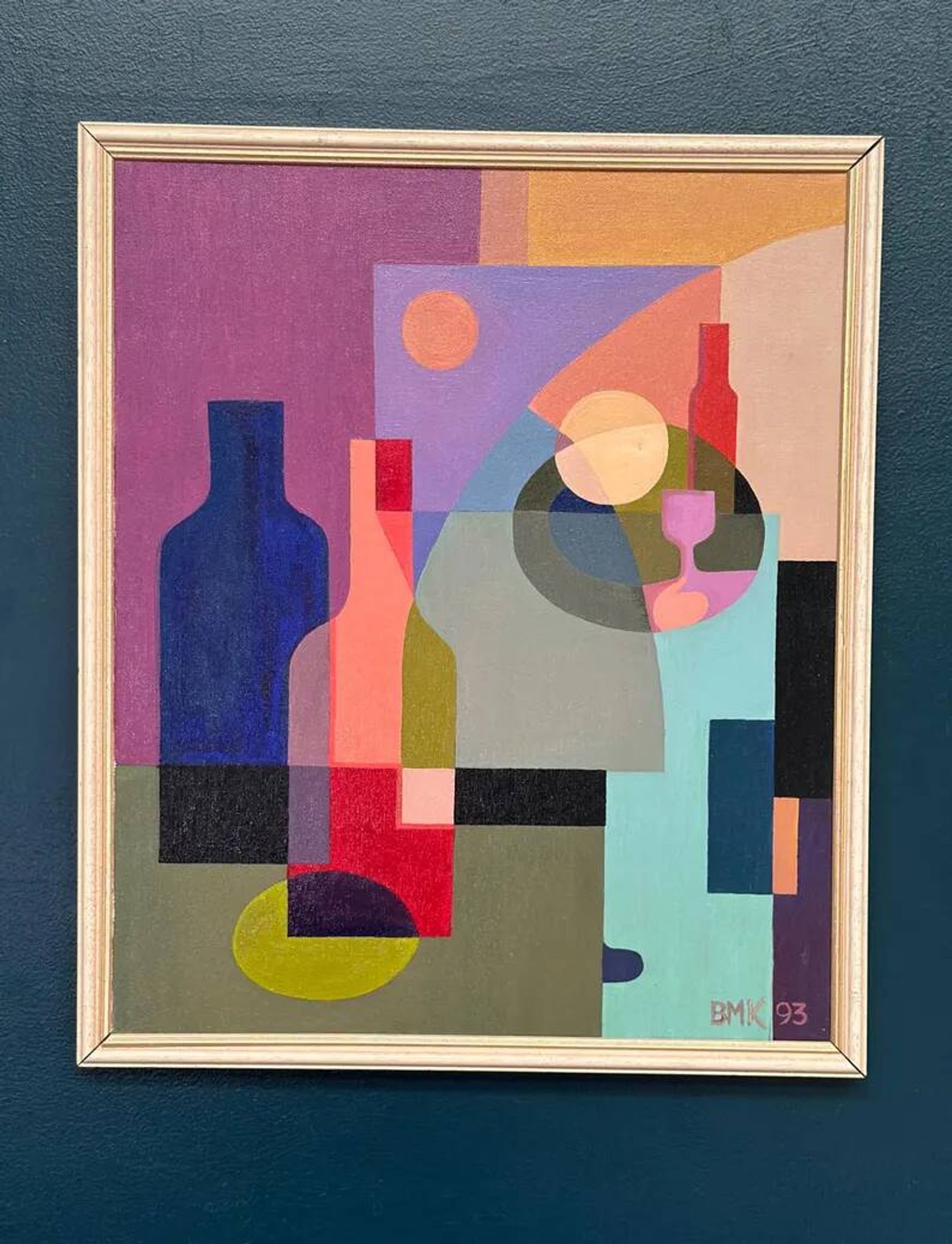 Original Swedish Oil on Canvas – "Abstract Still Life" by BMK (1993) – Signed – Vintage and Framed – 60 × 51 cm