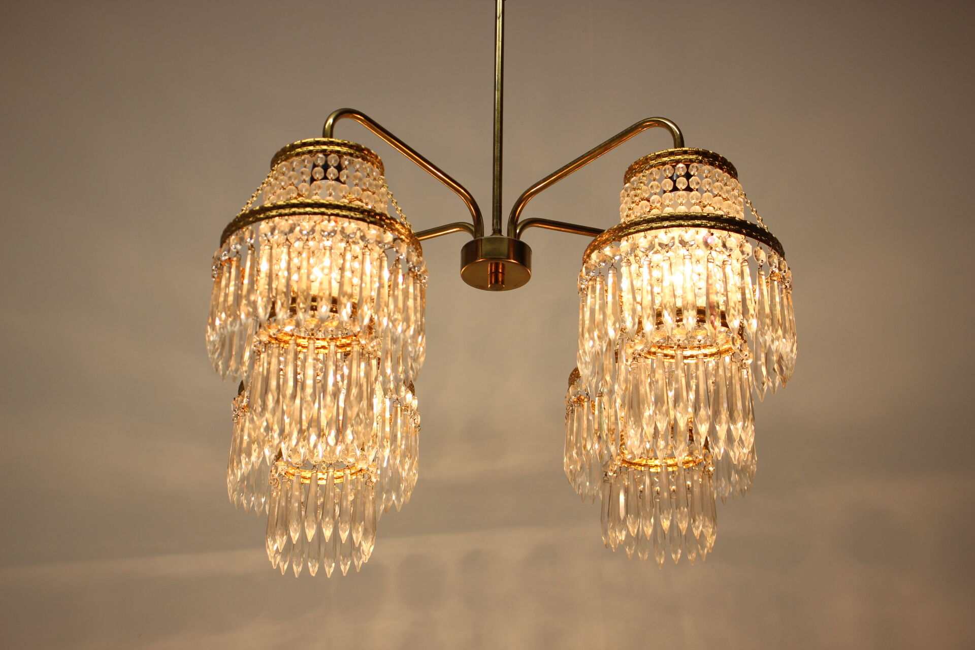 1950s, vintage crystal brass chandelier, železnobrodské sklo,czechoslovakia