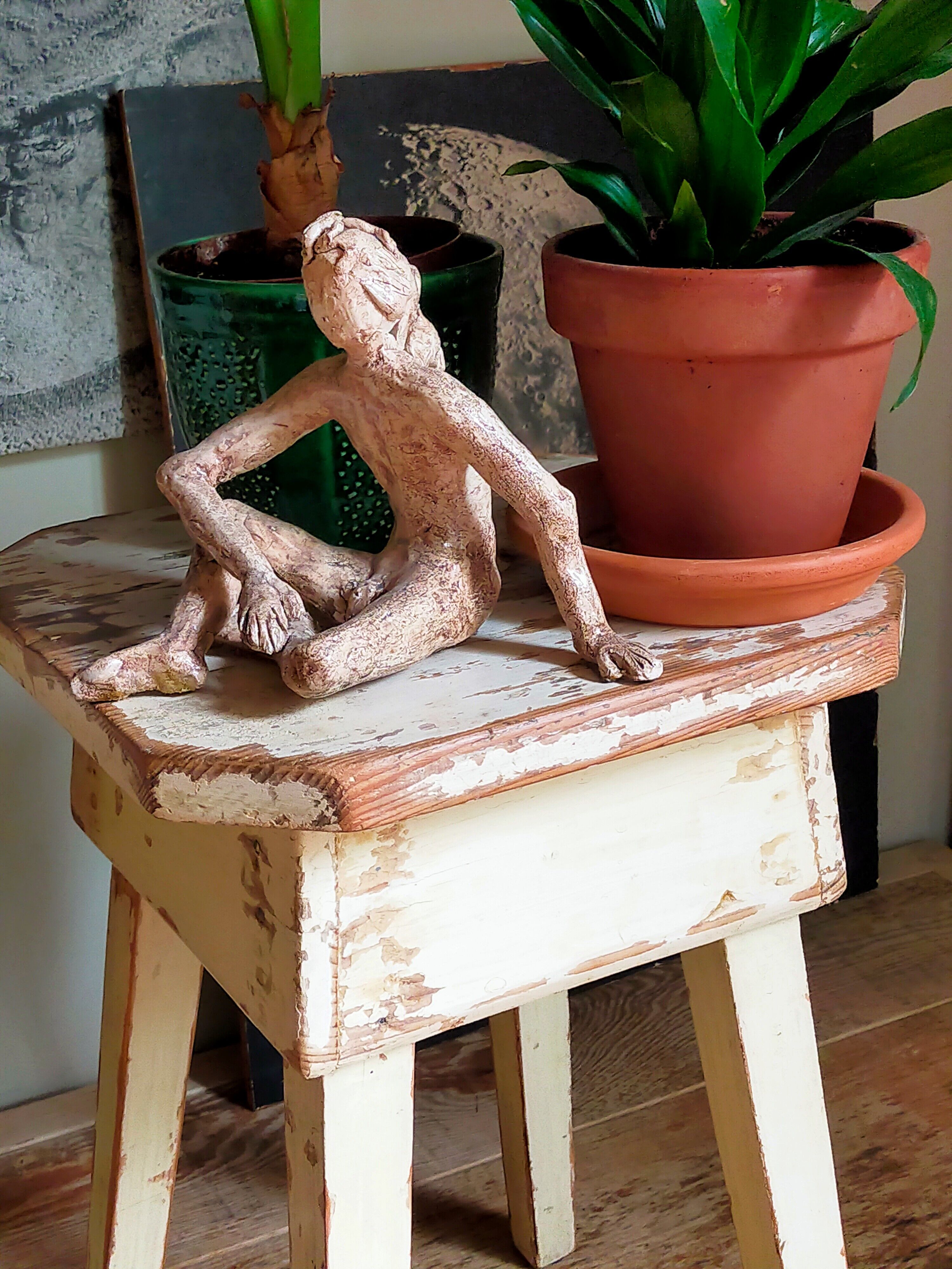 Workshop stool in antique patinated solid wood