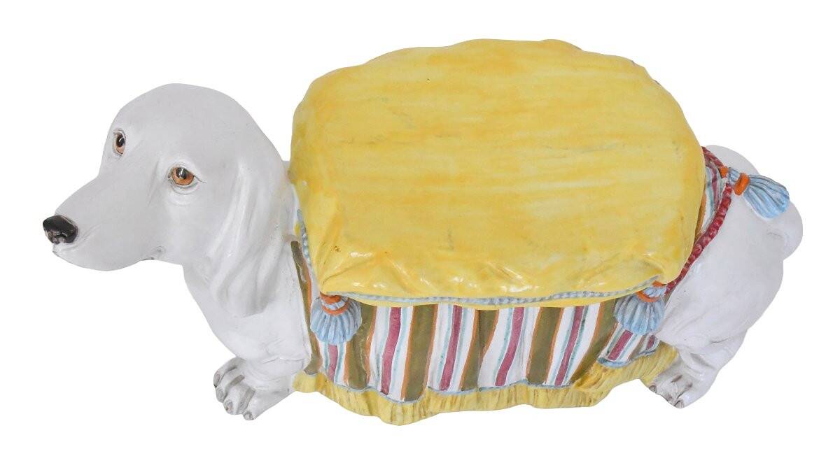Stool or stand in earthenware depicting a white dachshund.