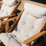 4 garden armchairs 1970 in pine and beige fabric