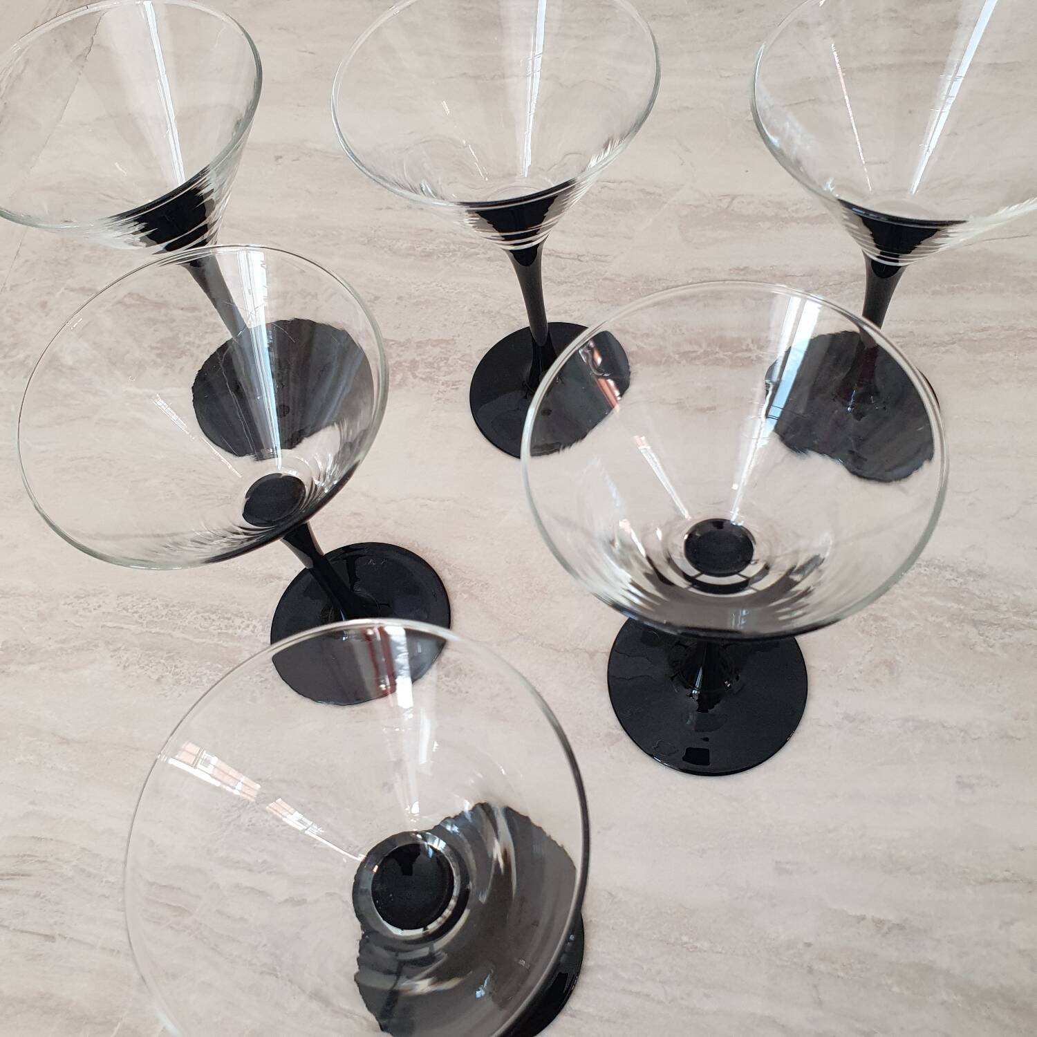 6 cocktail glasses / black stem martini glasses