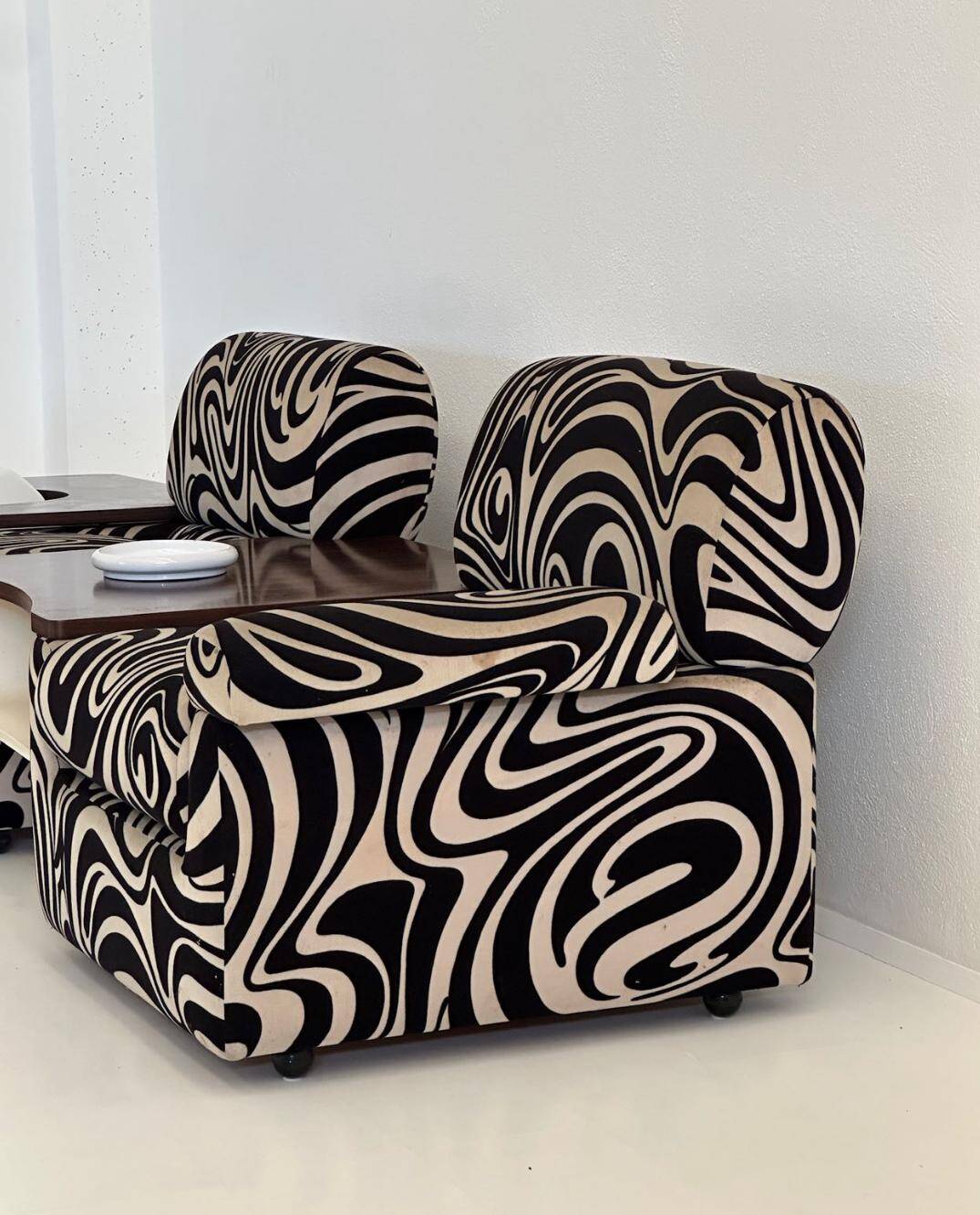 Modular 70s sofa, reupholstered, with integrated table modules, sculptural