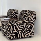 Modular 70s sofa, reupholstered, with integrated table modules, sculptural