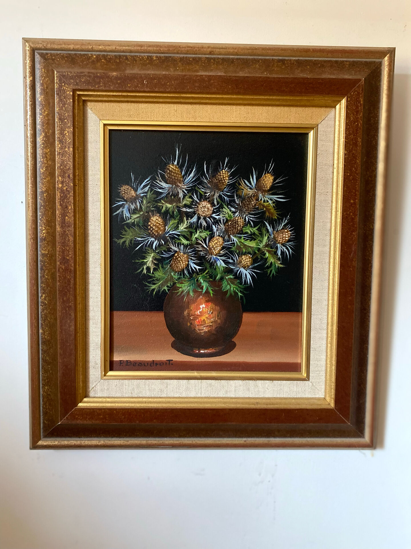 Still life with thistles, oil on canvas signed P. Beaudroit, 1992