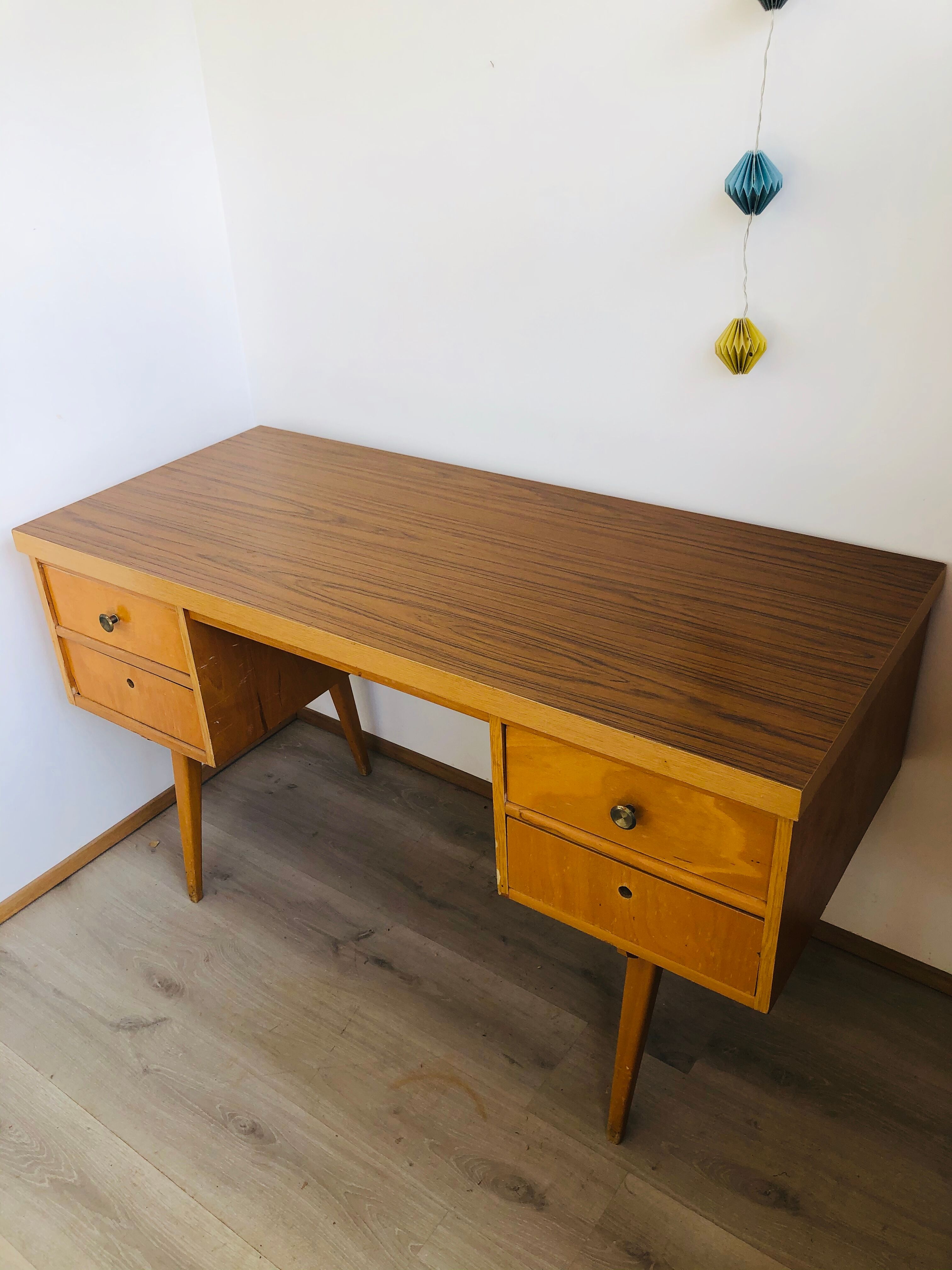 60s office in honey wood and formica moka compass feet