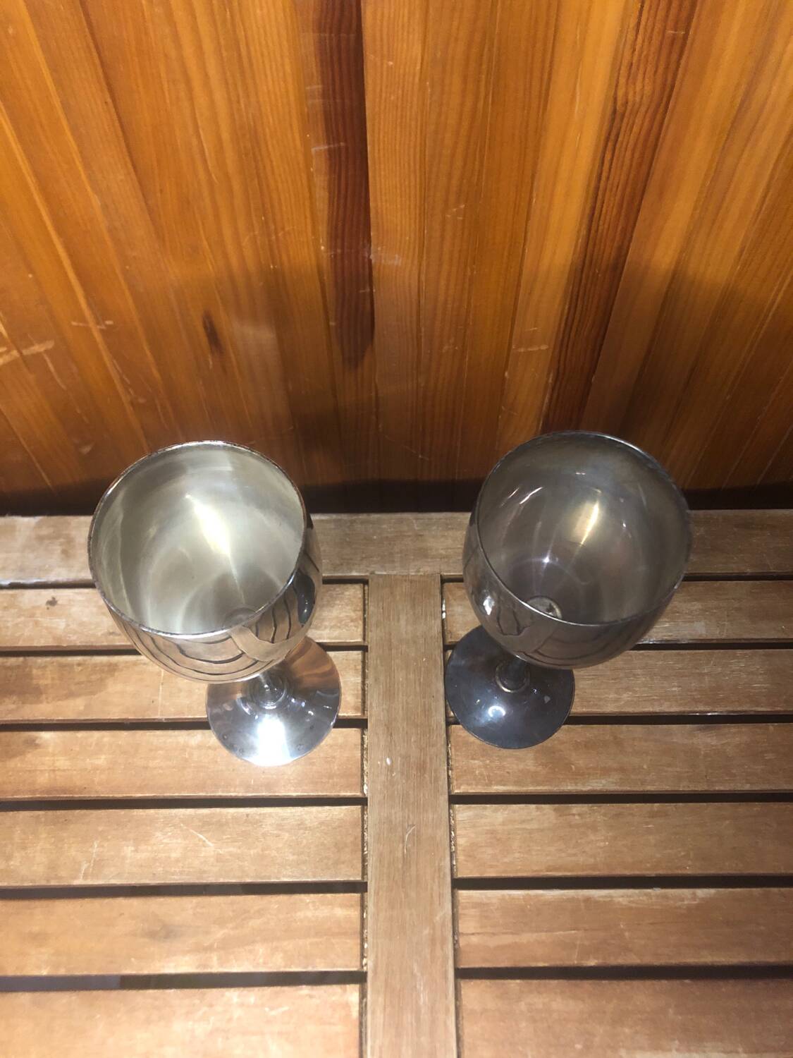 Pair of vintage silver metal wine glasses