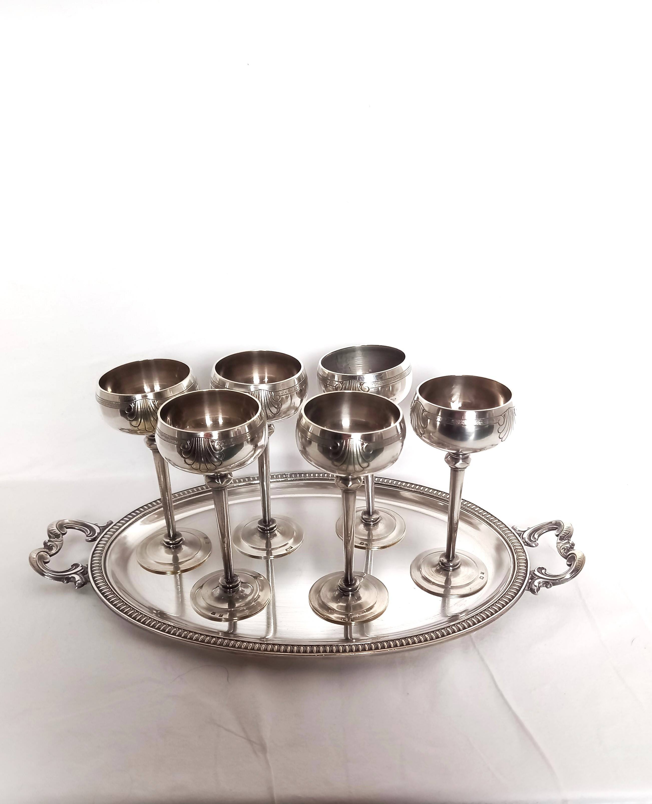 Silver Metal Liquor Set Consisting Of Six Stemmed Glasses On Their Tray