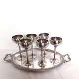 Silver Metal Liquor Set Consisting Of Six Stemmed Glasses On Their Tray