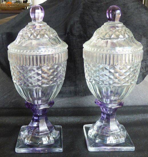2 antique glass bonbonnières in the shape of pine cones.