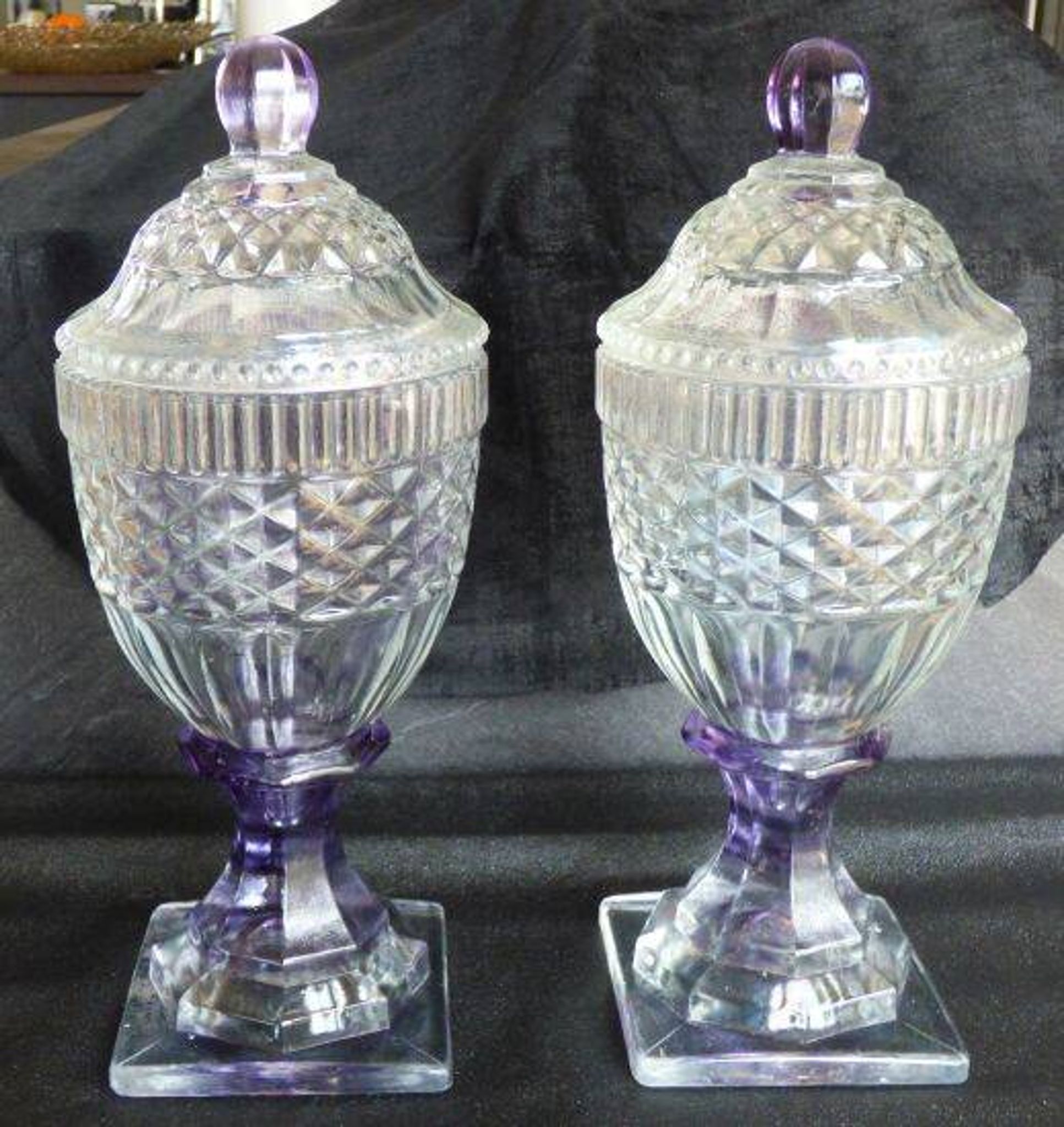 2 antique glass bonbonnières in the shape of pine cones.