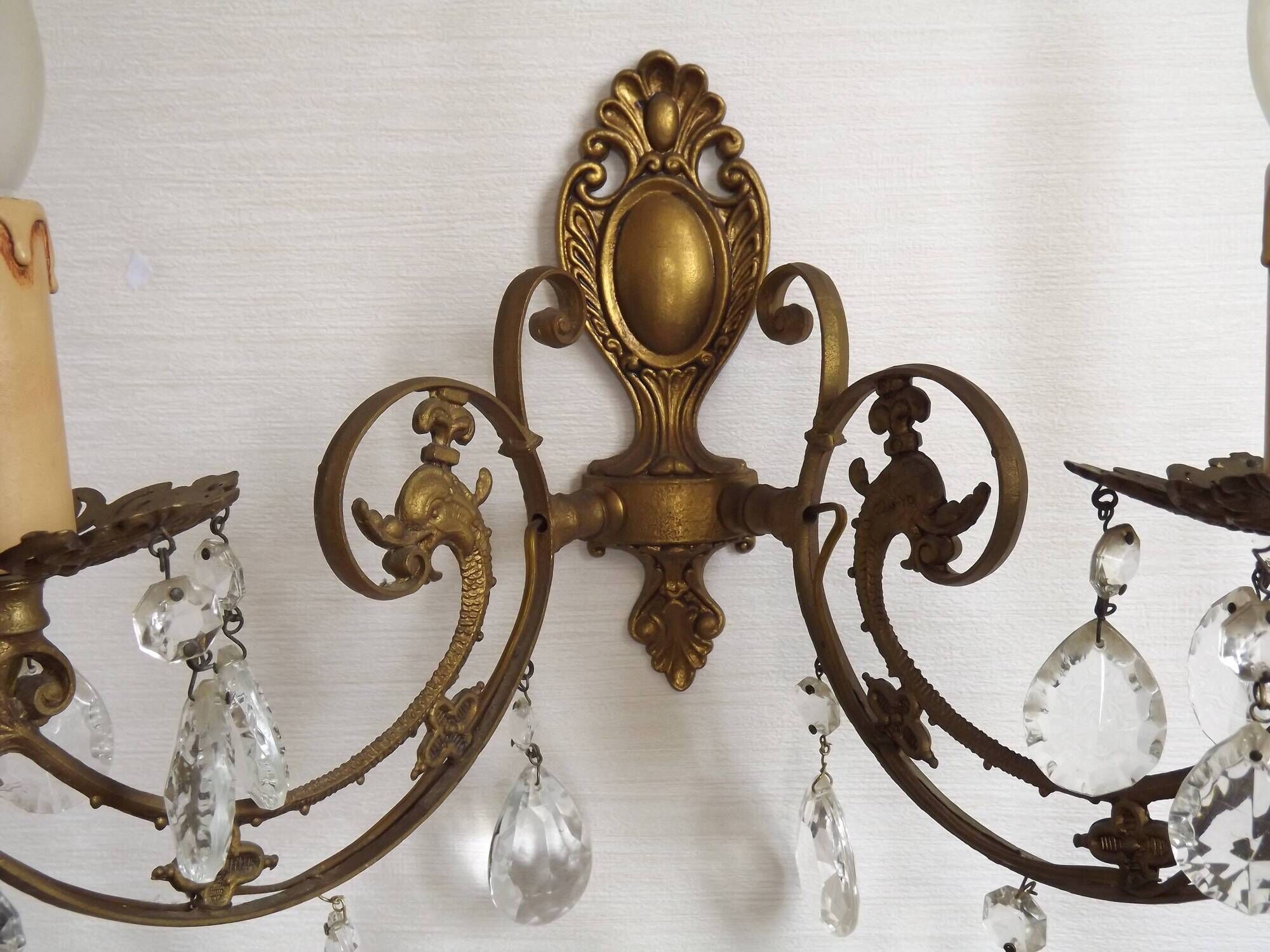 French Vintage Double Bronze & Crystal Wall Light - Stylized Dolphin Detail