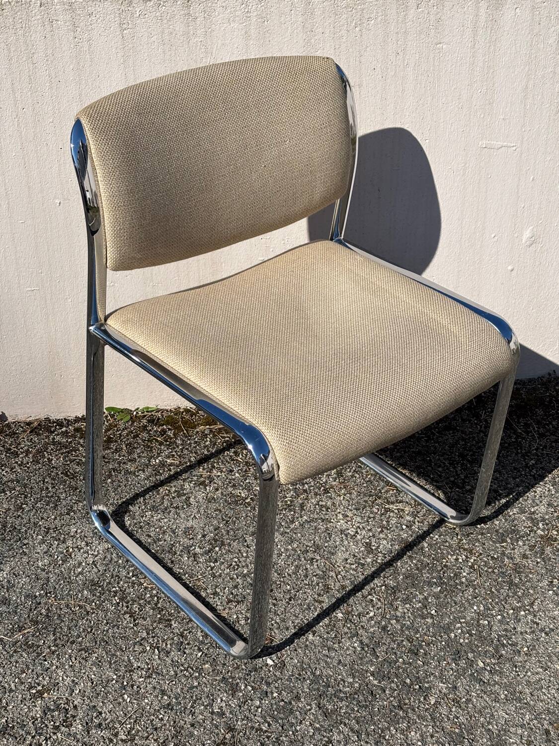 Vintage steel and beige fabric sleigh chair