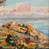 Huile sur carton représentant une côte rocheuse par M. Garrec XXe