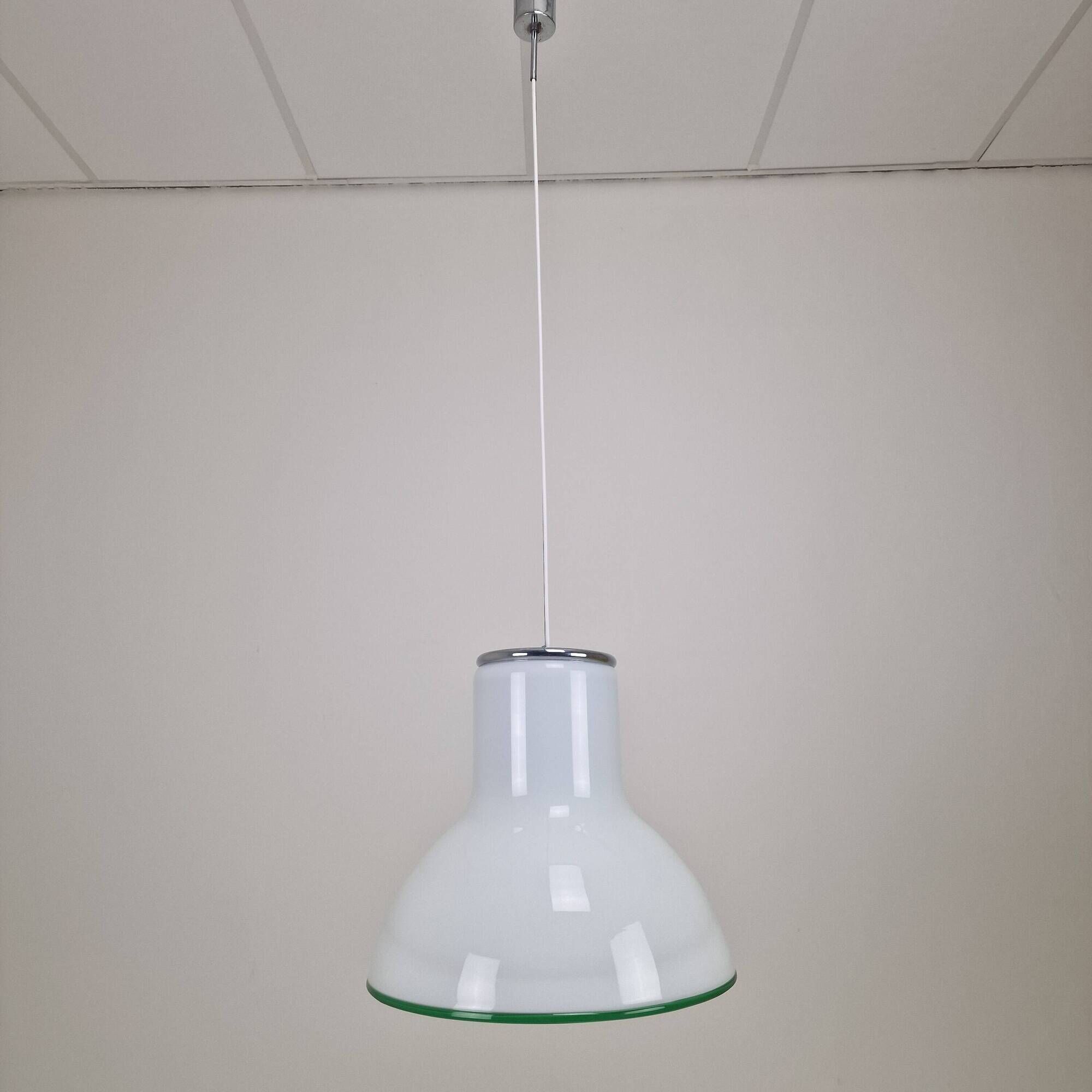 Large Italian Murano Cased Glass Pendant Light with Green Trim, 1970's